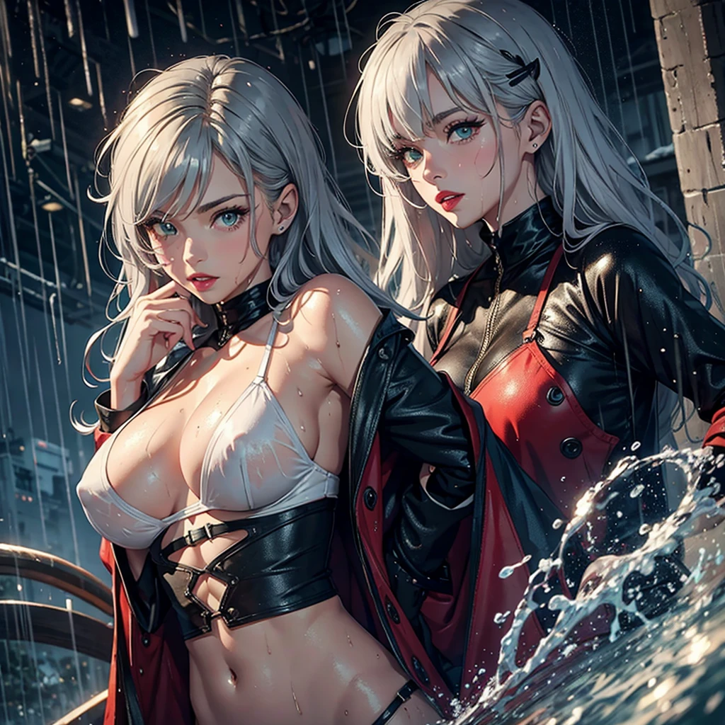 (Best quality, 4K, masterpiece :1.Beutiful women, 1 Sister, (, attractive body :1.2), Abs :1.1, grey hair: 1.1, messy hair, (rainy wet, wet from rain, Soaked :1.2),big breasts, The face very detailed, detailed lips, full lips, red lipstick, detailed eyes, green eyes,double eyelid, white clothing