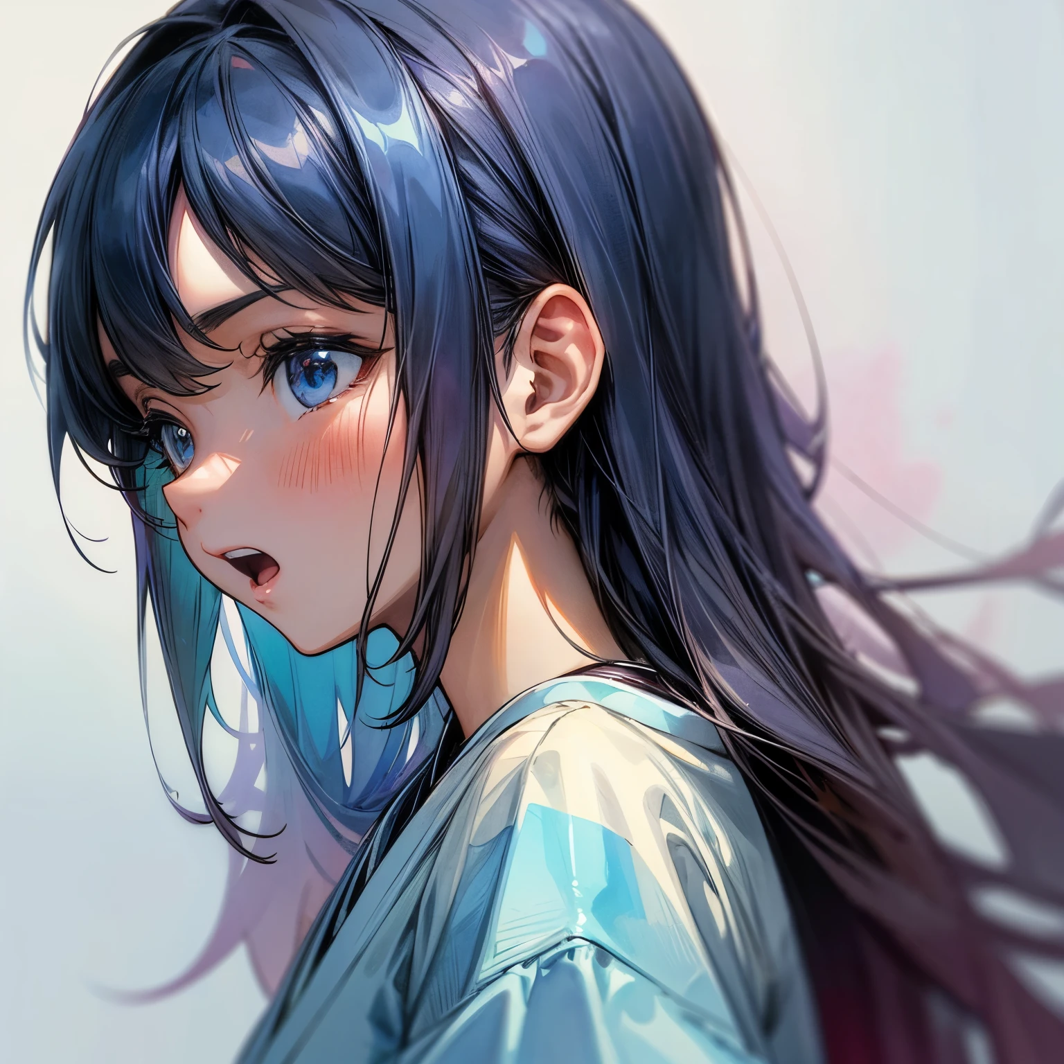 ((Masterpiece)), (Anime:1.5), ((best quality)), (RAW photo:1.2), (High Definition:1.3), (Professional Photography:1.2), (chromatic aberration), 1girl, ((12years old)), (watercolor painting:1.3), from side, wide shot, (pale blue fine ink splashing), ((face in profile)), black long silky hair, teenage japanese cute girl, very sad face, open mouth, white T-Shirts, (simple white background:1.5)