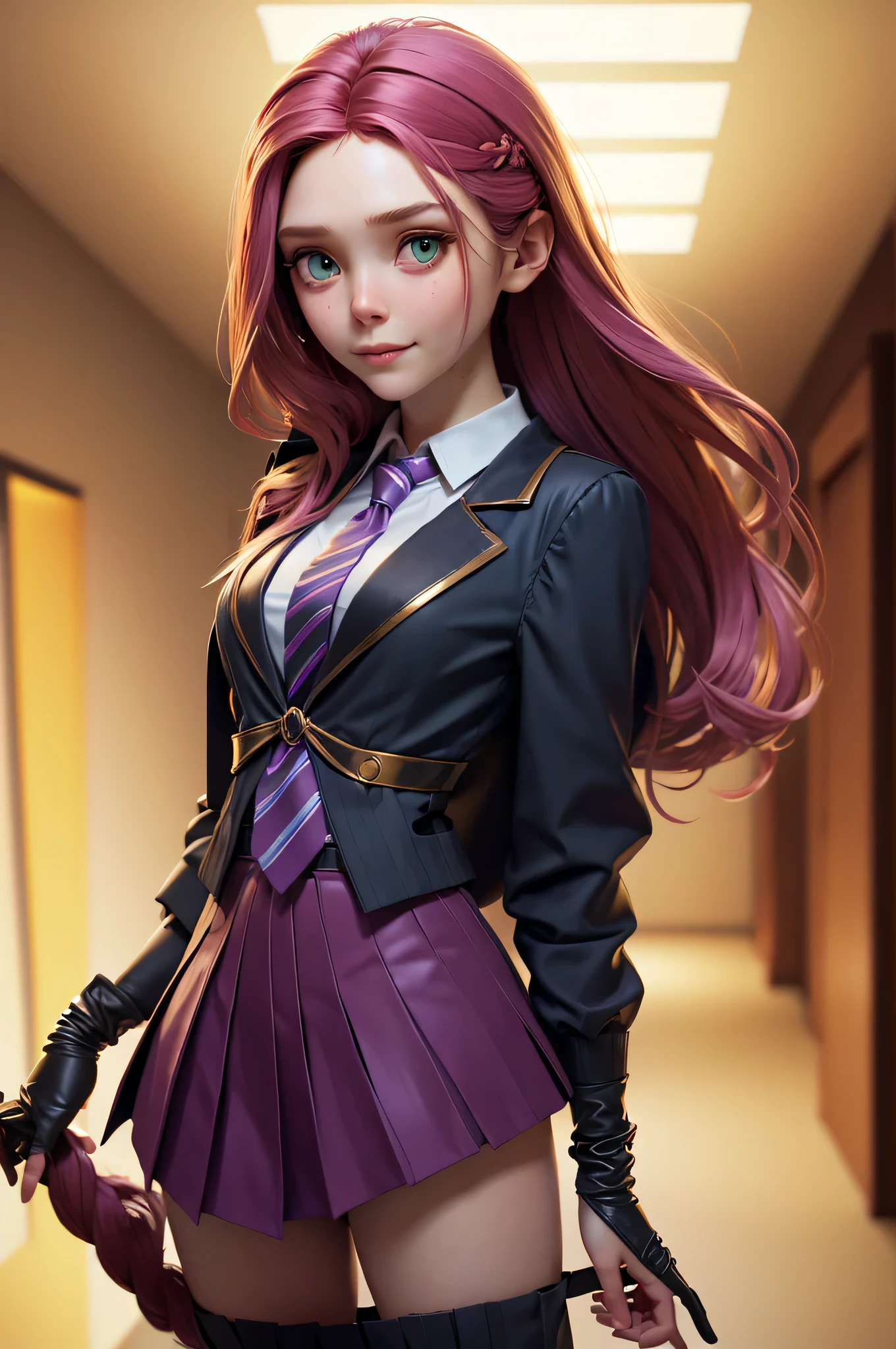 l1z0l, Elizabeth Olsen, , gynoid physics, (One:1.1), Elizabeth Olsen, perfect face, (((night skirt suit))), (((pleated school miniskirt))), (((night color jacket))), (((Silk tie))), Windsor tie, (((White shirt))), cup size four, (((Night color miniskirt with 1 horizontal gold stripe))), One focus, fully dressed, elegantly dressed, smiling, careless styling, shoulder length hair, 1 full braid, Red hair, Green eyes, beautiful detailed eyes，bright students，（very good and beautiful），（Beautiful and detailed description of the eyes), [[gentle fingers and hands:0.55]::0.85], (detail fingers), Facing the camera, (Background with：school corridor，mystical atmosphere), (Illustration, cartoon, Masterpiece, very detailed, Best quality，cinematic lighting，muted colors, detailed background, A high resolution)