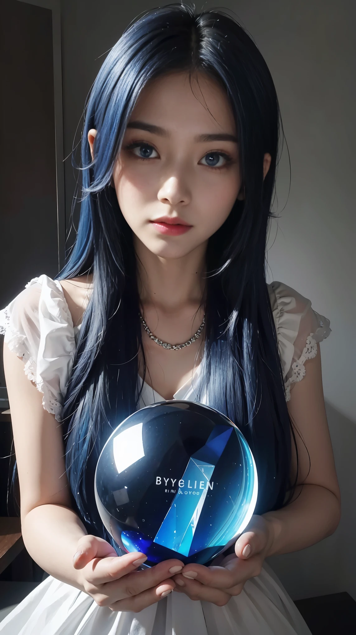 (and soul)(secondary elements)1 girl、((blue hair))、hair length、(blue eyes)、(gradient eyes)、sparkling eyes、bright eyes、finely tuned、expressive eyes、blue clothes、gem、Blue lighting、blue theme、(shape:1.5)、abstract、highest quality、Super detailed、(((Holding a crystal ball)))、(random pose)、Beautiful worldview、((Photos that captivate everyone who sees them))、