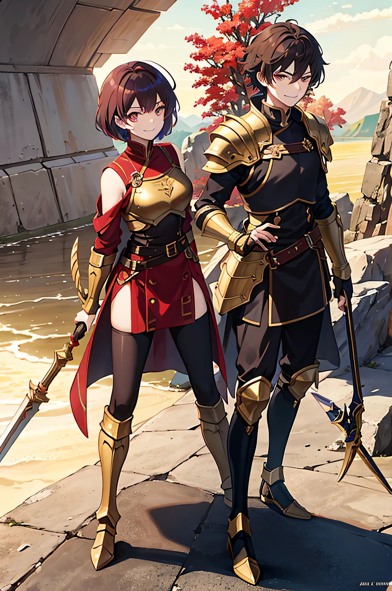 male person，show，brunette colored hair，short and thin hair，Full body Esbian，stand on one&#39;my feet，golden eyes，A smile that can&#39;t be suppressed，leather armor，brave person，The weapon used was a spear，2 meter long gun，Gorge background，during the day，sun，have confidence，high quality