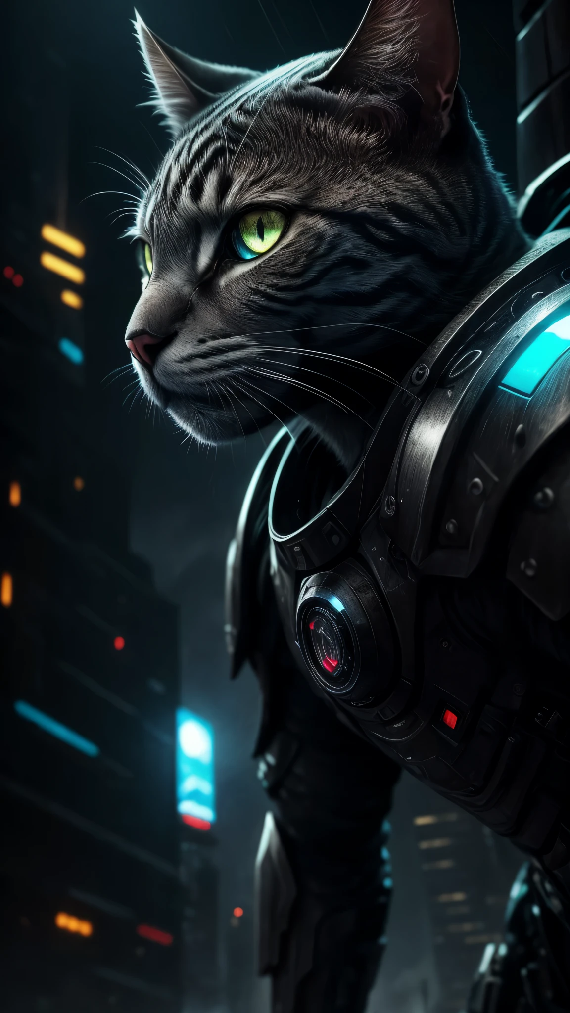 hyperealistic close up on a cyborg from side, bellow a bilboard, in the rain, robot cat, cyperpunk style, (wearing a black metalic armor), badass cat, hyperdetailed, detailed shading, beautiful textures, technological eyes, neon background, si-fi, dynamic, neon lights, conrtast, dark shot, raw photo, cute cat, ominous atmosphere, cinematic, holding a gun, (masterpiece, 8k, uhd, highres, digital artwork, masterwork), photorealistic, rayt racing, CyberpunkAI, (depth, tall buildings, waterdrops, gorgeous brackground:1, glowing eyes)