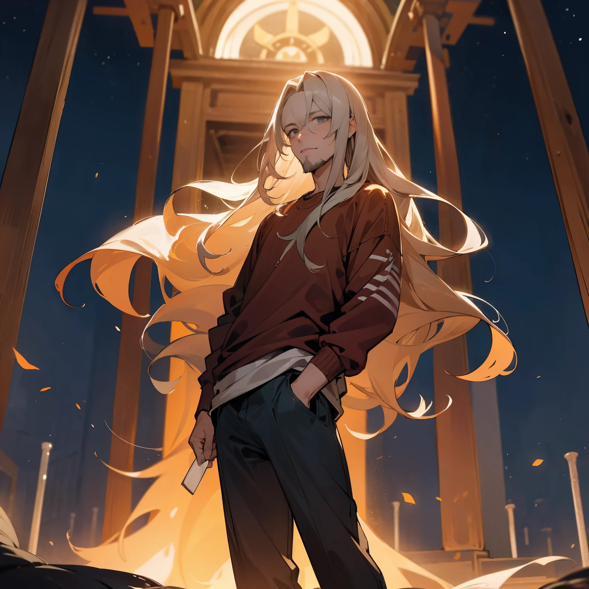 1male, adult, beard, finely detailed cantaloupe eyes, long wavy hair, ash ombré hair color, compression shirt, casual clothing, loose baggy pants, standing with arms folded, standing in shrine, night, village, serious, confident