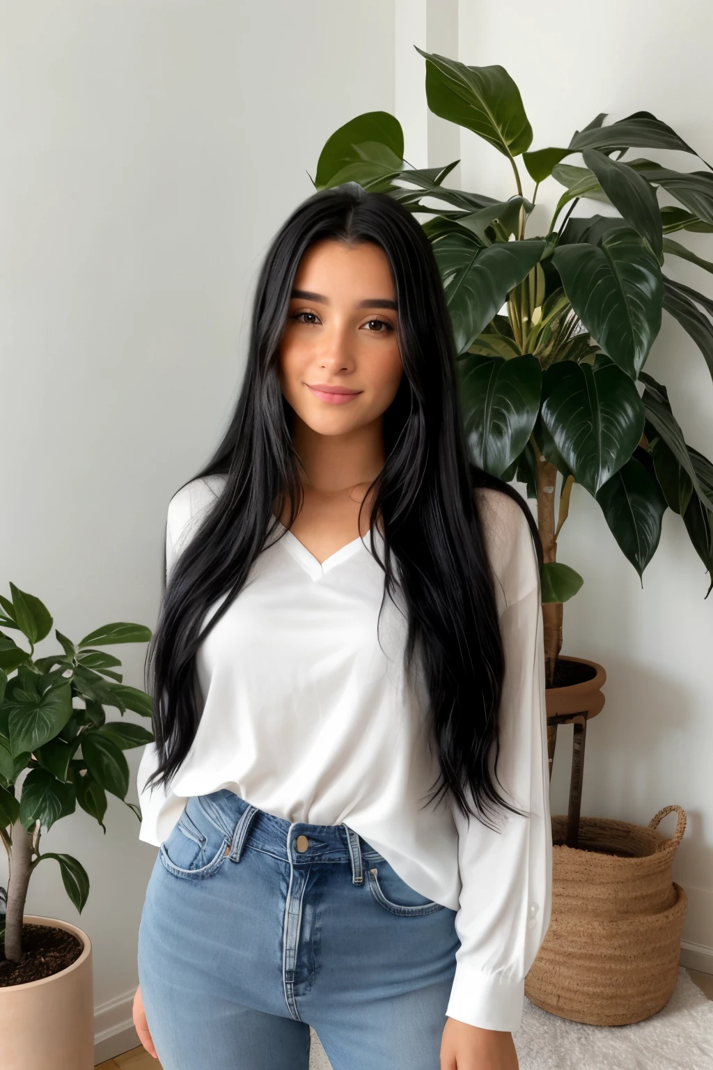 Imagine a young woman of 20 years of Brazilian origins with very long black hair, vêtue d'un jeans bleu clair et d'un débardeur blanc, embodying the essence of chic simplicity. 
Elle tient dans ses mains une  plante philodendron florida beauty.
Elle est dans sa chambre, avec des étagères remplies de plantes, des pots suspendus au plafond.