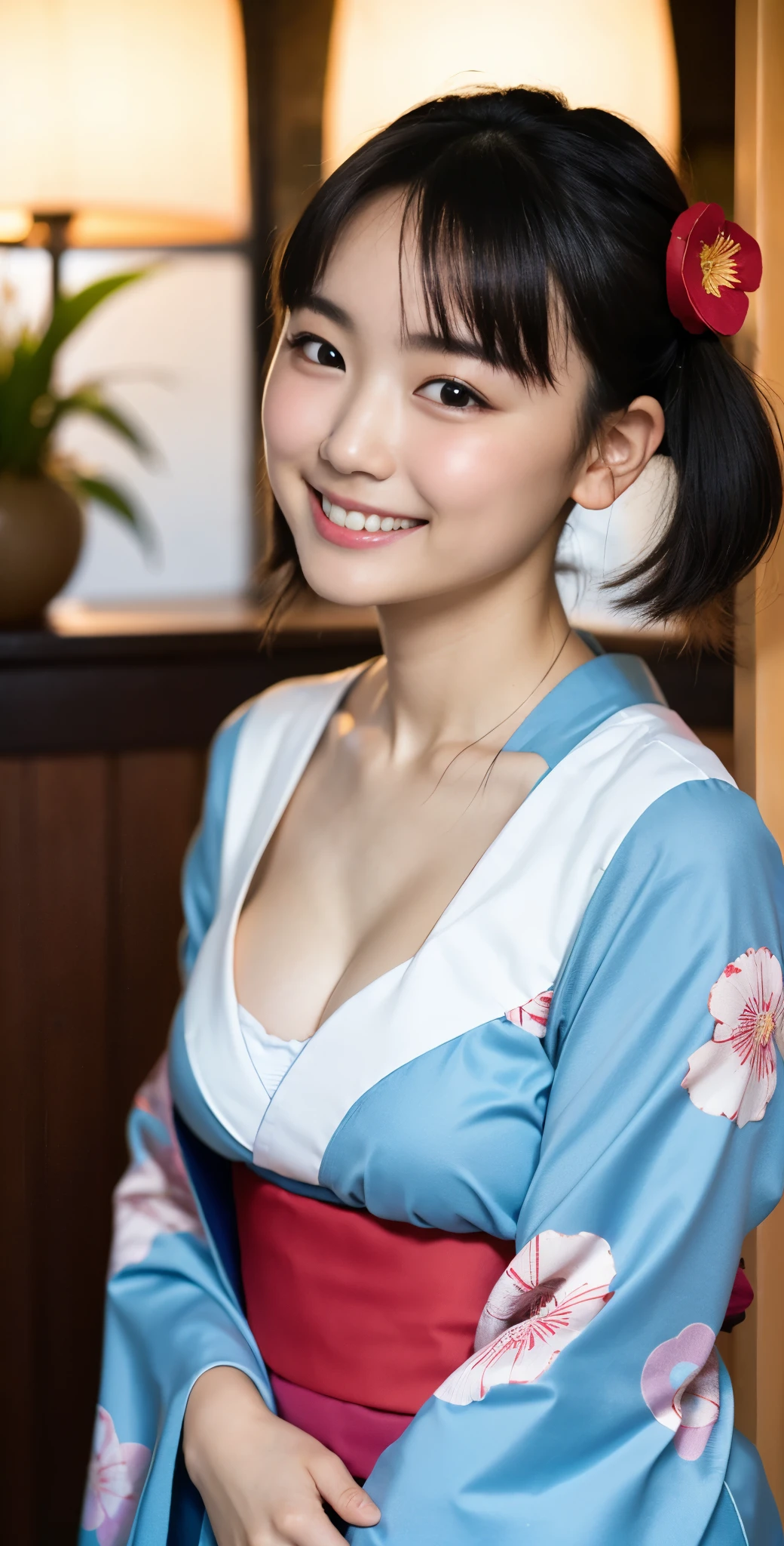 （8k、Raw photography、highest quality、masterpiece：1.2),(black haired、very short hair:1.8),(short twin tails:1.4)、show viewer,Looking at the front,erotic,白いskin,(Wearing a kimono with a colorful floral pattern:1.7)、()、(Clothing that emphasizes the shape of your chest、publish one&#39;skin:1.8)、(big breasts :1.4)、slim body shape、ultra high resolution,beautiful,beautiful fece,(alone, no background:1.9),whole bodyボディー,japanese woman,（Photoreal：1.37）、photon mapping,reality、(-face cute: 1.2)、(cute smile: 1.7)、(With a round face: 1.8)、radio city、Physically based rendering、depth of field rally background、photograph, (I can see your knees,close up of thighs:1.4),whole body、super fine