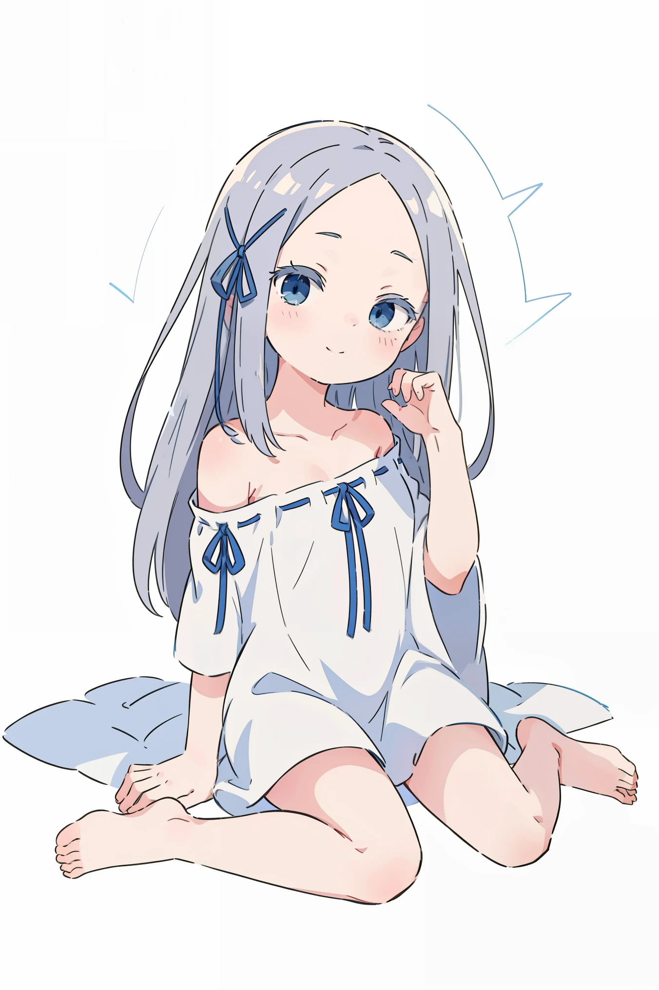 (masterpiece, best quality, ultra high quality, by quan, by mappa, sketch:1.1), ((portrait)), 1girl, solo, pandora, blue eyes, long hair, grey hair, white hair, forehead, blush, bangs, small breasts, parted bangs, barefoot, neutral, innexpressive, small smile, thighs, ((pddf)), dress, dress ribbon, hair ribbon, white dress, loose dress, blue ribbon, bare shoulders, (hands on knees), upper body, sitting on floor, wariza, sitting, isometric lightning, white background, simple background