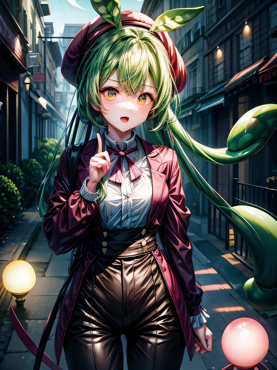 (realistic:0.2), anime illustration, 1 girl,dark green hair,eyes are yellow, red coat, big red hat, in paris, France, software, black pants, black office shirt,, carmen sanity,, blue sky,, long hair,, dramatic lightning, light, epic light, light shines on your face, バックlight付き, フェイスlight, bright face, fill lamp, フィルlight, ((masterpiece)), (carmen_sanity_v1-1_Shurik-2000:0.6)