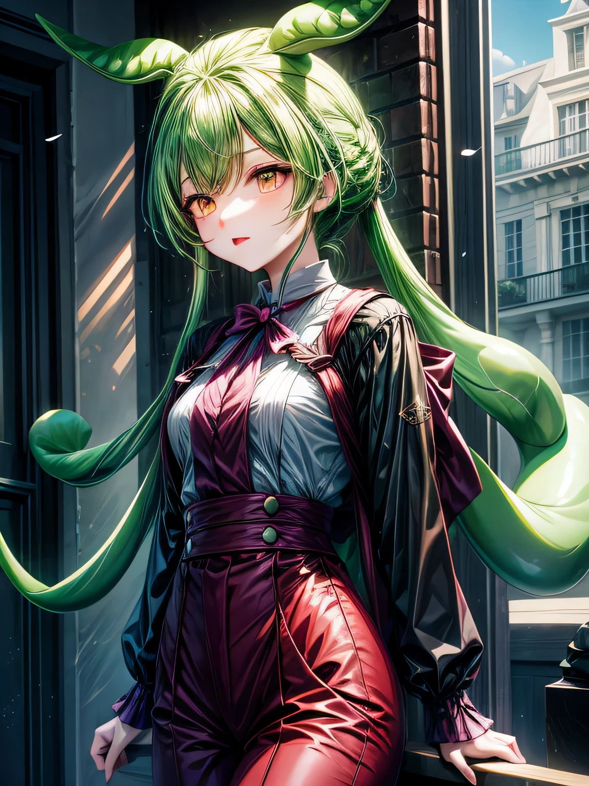 (realistic:0.2), anime illustration,1 girl,dark green hair,eyes are yellow, red coat,big red hat, in paris, France, software, black pants, black office shirt,, carmen sanity,, blue sky,, long hair,, dramatic lightning, light, epic light, light shines on your face, バックlight付き, フェイスlight, bright face, fill lamp, フィルlight, ((masterpiece)), (carmen_sanity_v1-1_Shurik-2000:0.6)