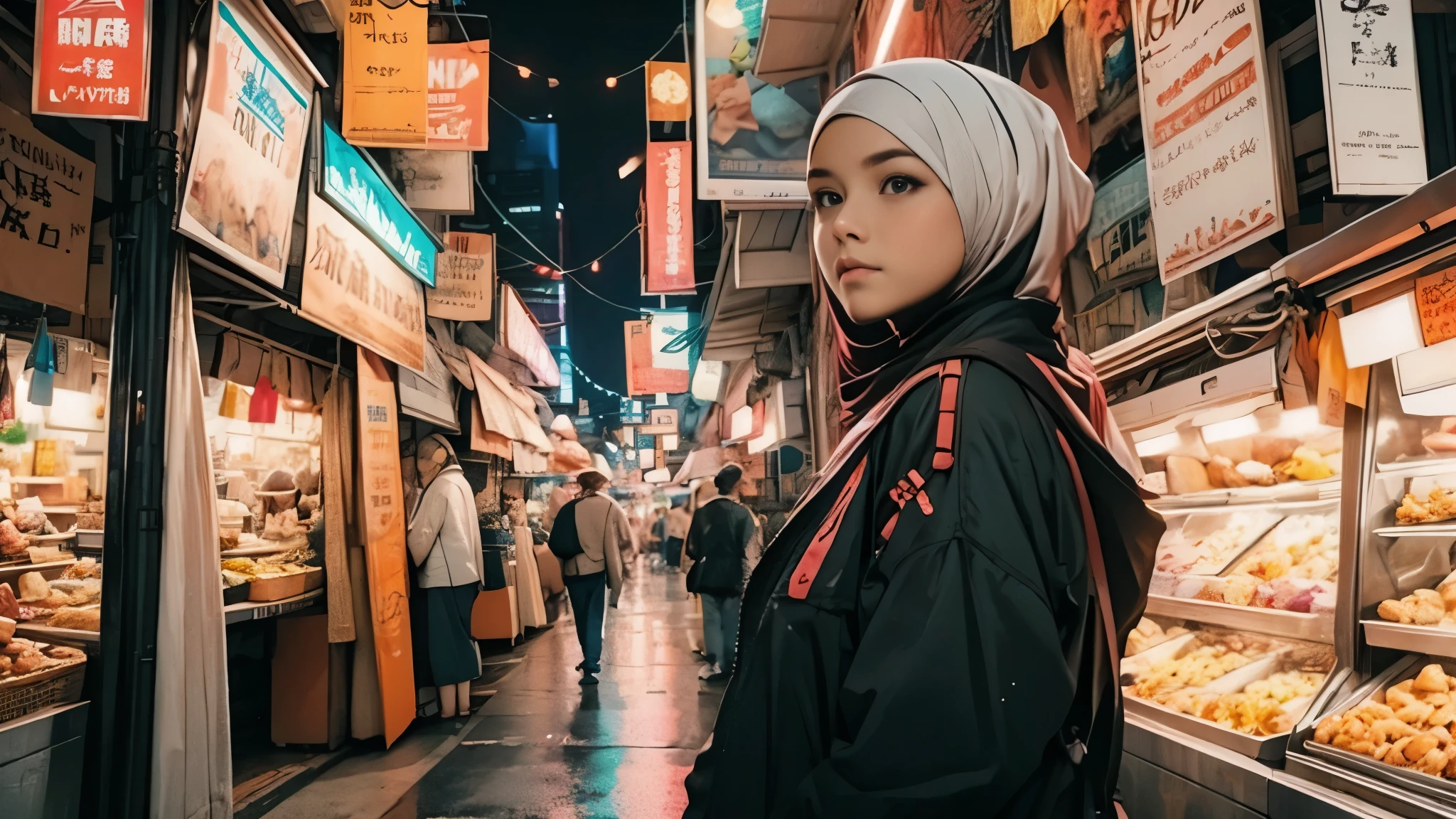 cyber punk malay Girl in hijab,(top-quality、8K、32K、masterpiece)、(The ultra -The high-definition)、(Photorealsitic:1.4), dynamic pose, cowboy shot, cyberpunk fashion,depth of fields, cyberpunk city background, cinematic lighting.