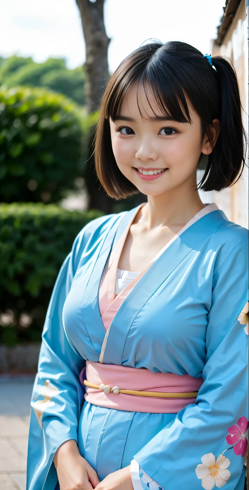 （8k、Raw photography、highest quality、masterpiece：1.2),(black haired、very short hair:1.8),(short twin tails:1.4)、show viewer,Looking at the front,erotic,白いskin,(Wearing a kimono with a colorful floral pattern:1.7)、()、(Clothing that emphasizes the shape of your chest、publish one&#39;skin:1.8)、(big breasts :1.4)、slim body shape、ultra high resolution,beautiful,beautiful fece,(alone, no background:1.9),whole bodyボディー,japanese woman,（Photoreal：1.37）、photon mapping,reality、(Baby-faced and cute: 1.2)、(cute smile: 1.7)、(With a round face: 1.8)、radio city、Physically based rendering、depth of field rally background、photograph, (I can see your knees,close up of thighs:1.4),whole body、super fine