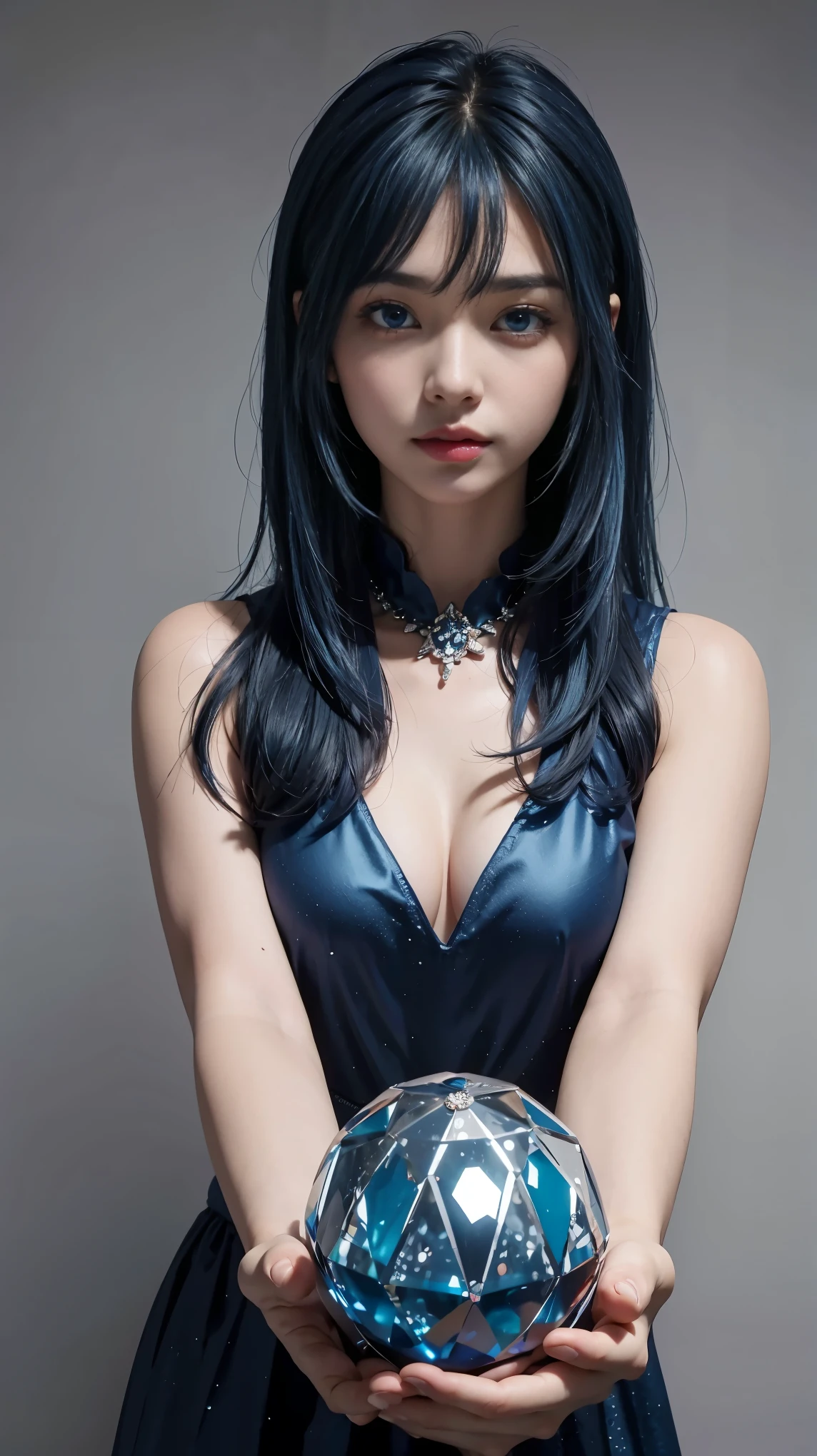 (and soul)(secondary elements)1 girl、(((blue hair)))、hair length、(blue eyes)、(gradient eyes)、sparkling eyes、bright eyes、finely tuned、expressive eyes、blue clothes、gem、Blue lighting、blue theme、(shape:1.5)、abstract、highest quality、Super detailed、(((Holding a crystal ball)))、(random pose)、Beautiful worldview、((Photos that captivate everyone who sees them))、