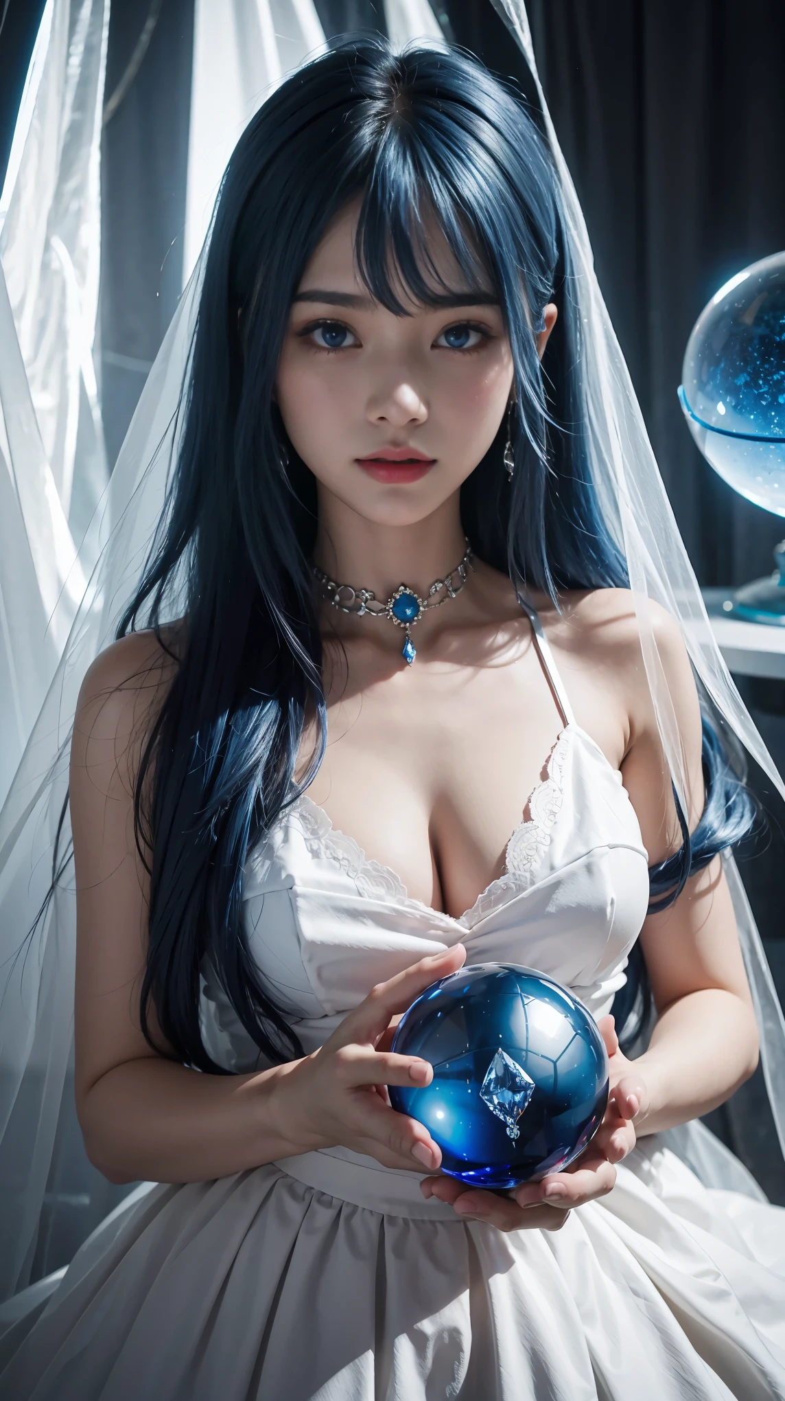 (and soul)(secondary elements)1 girl、(((blue hair)))、hair length、(blue eyes)、(gradient eyes)、sparkling eyes、bright eyes、finely tuned、expressive eyes、blue clothes、gem、Blue lighting、blue theme、(shape:1.5)、abstract、highest quality、Super detailed、(((Holding a crystal ball)))、(random pose)、Beautiful worldview、((Photos that captivate everyone who sees them))、