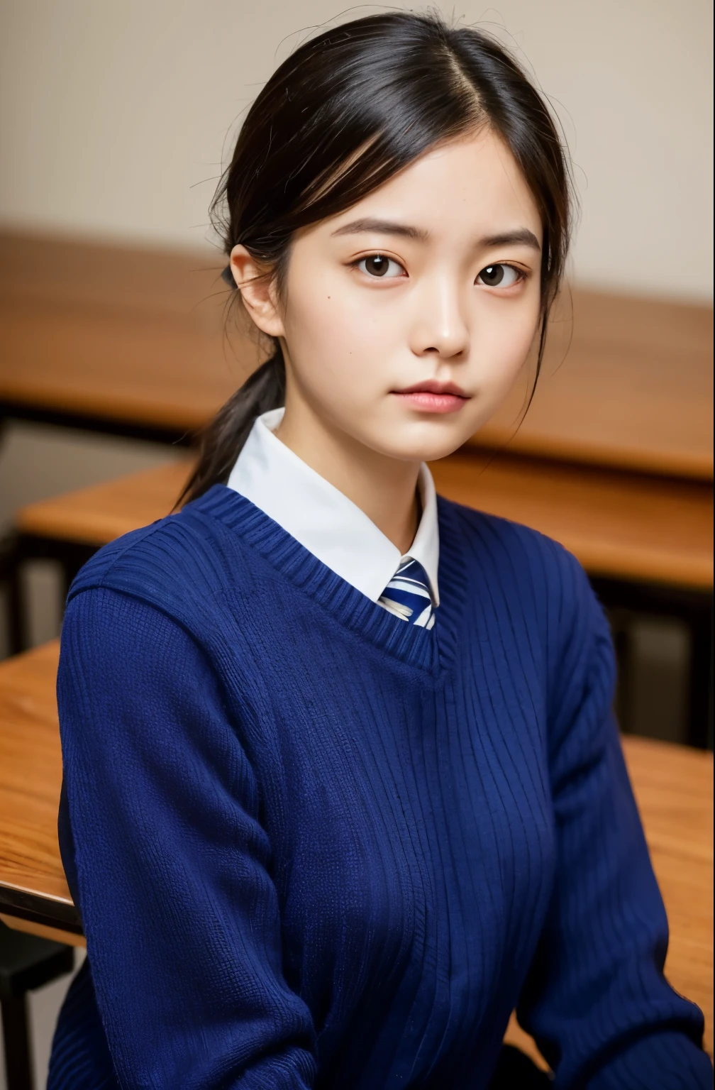 ((top quality, 8k, table top: 1.3)), beauty, 1 Japanese girl, black hair, 15 years old, studying on the desk, (((combed-back hair:1.5, lower ponytail))), face focus, detailed face, highly detailed lips, fine eyes, (((narrow eyes:1.5))), double eyelid, sweaty skin: 1.2, (((school uniform, Dark blue sweater,))), opened books on the desk,