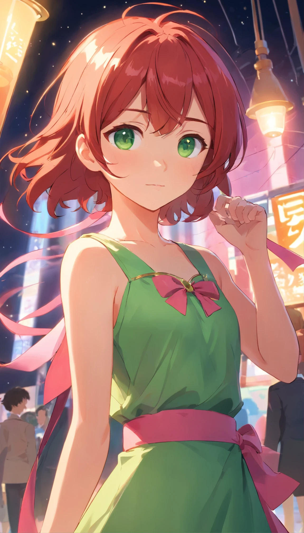 Inside a cone shape pendant is a girl with curl short red hair, green eyes green dress with a pink sash around her waist and arms