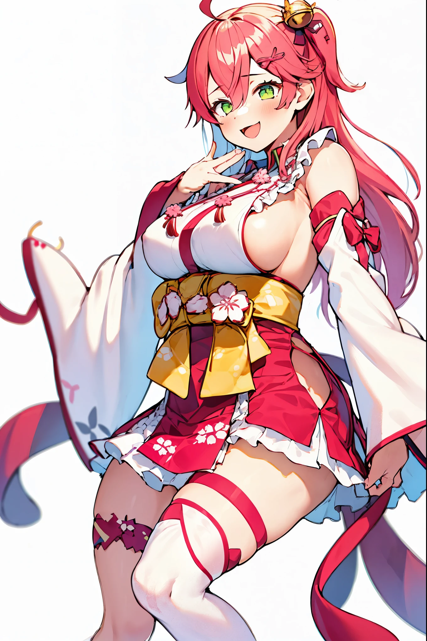 masterpiece, best quality, highres, miko1, sakura_miko, 1girl, green eyes, solo, ahoge, x_hair_ornament, pink_hair, floral print, hairclip,side_less_clothes, (sideboobs:1.4), hair_bell, floral print, long_hair, hair between eyes, one side up, white thighhighs, asymmetrical legwear, wide sleeves, open_mouth,happy,close_eyes, smile,jumping,rising_leg,plump,apart_legs,(overly_long_sleeves:1.1),(beautiful_fingers),sleeves_past_wrists,hands_hidden_sleeves