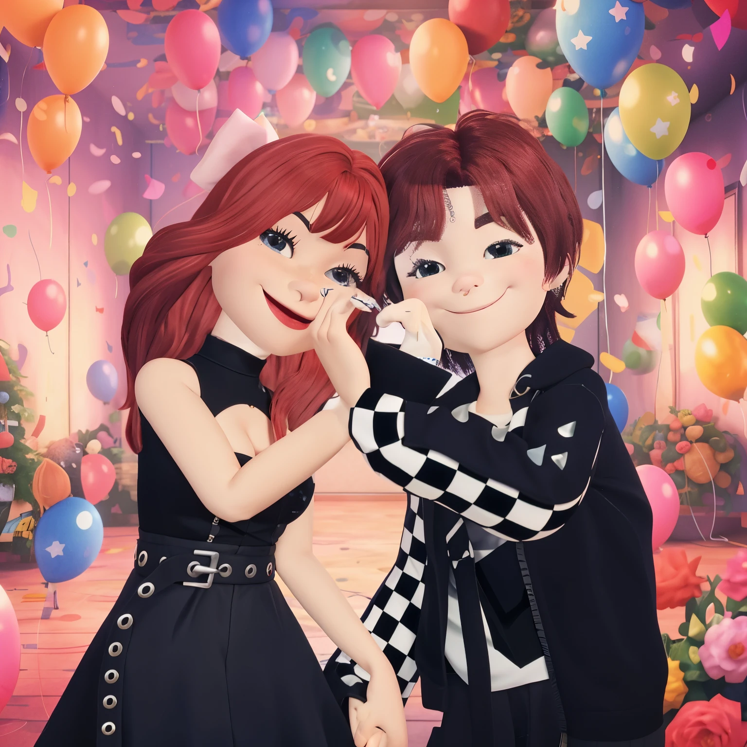 cartoon illustration of two girls with red hair and black and white checkered dress, childhood friend vibes, inspired by Bob Singer, charicature, inspired by Rowena Meeks Abdy, imvu, dancing with each other, they are siblings, kda and sam yang, 📷 mungojerrie and rumpleteazer, at the party, roomies