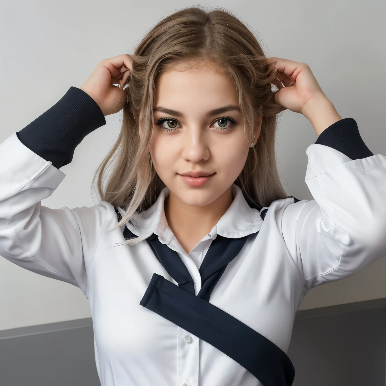 Chica de pelo blanco con uniforme escolar, foto realista con calidad realista, chica amarrada de manos con una cinta gris