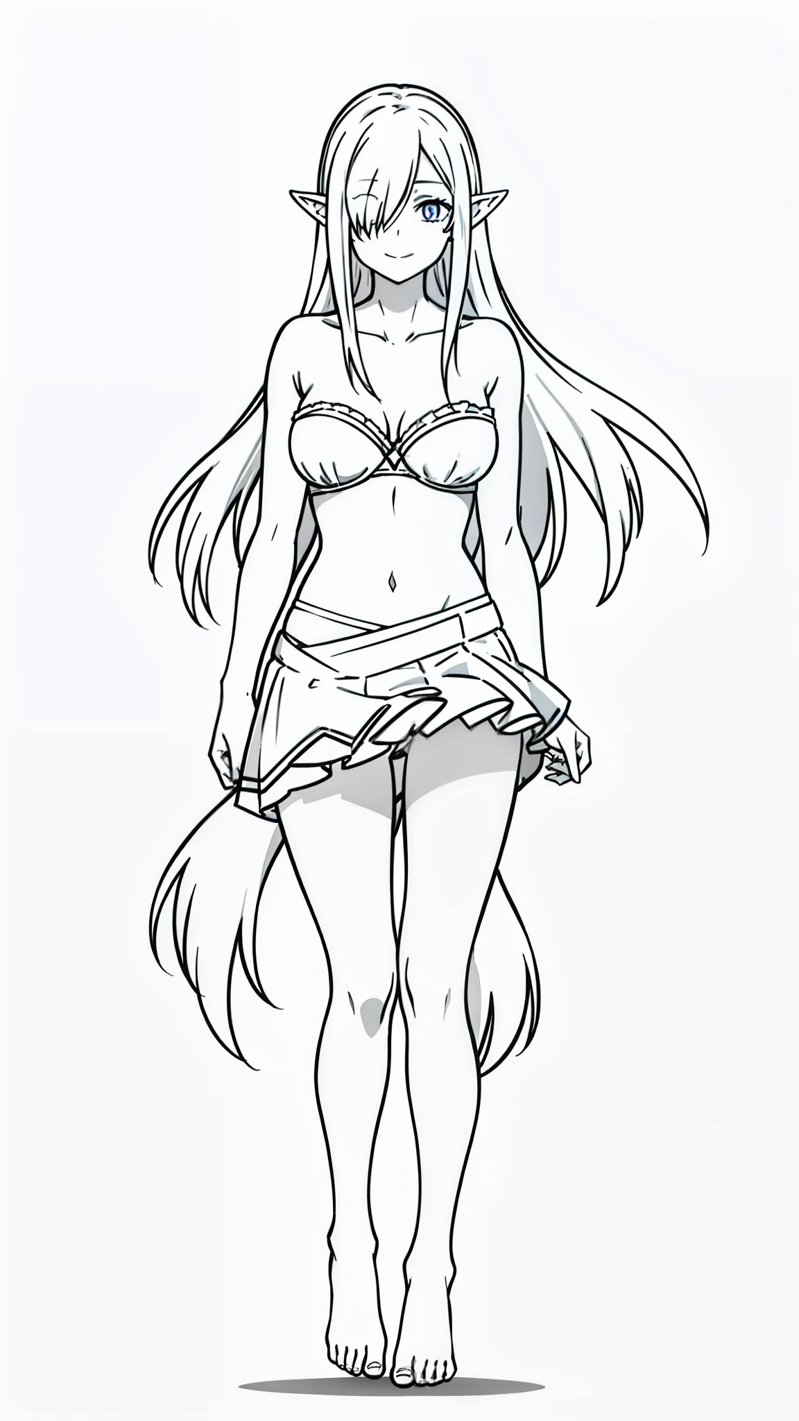 (1 girl,20s,mature female,medium breasts),long hair,solo,white hair,long hair,(white skin,colored skin),(((hair over one eye))),((white strapless bra,white mini skirt)),elf ears,(white background,line drawing),(smile,yandere,yandere trance),full body,flying, bare feet