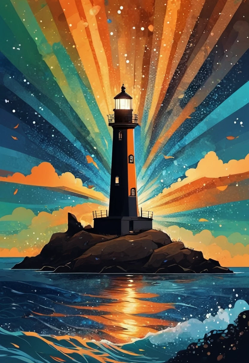 (best quality,highres:1.2),silhouette of a Lighthouse,colorful background,blue,orange,green,blurred,zentangle style,black,brown, crunch it, make it outstanding, the best emotive silhouette ever, sparkles, light explosions, flying birds, magical, thanks. By Tupu...lol...