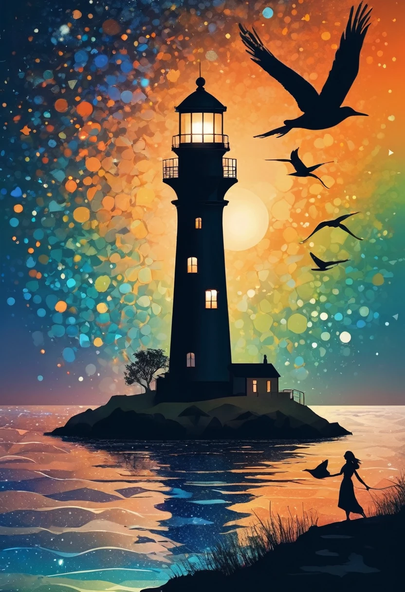 (best quality,highres:1.2),silhouette of a Lighthouse,colorful background,blue,orange,green,blurred,zentangle style,black,brown, crunch it, make it outstanding, the best emotive silhouette ever, sparkles, light explosions, flying birds, magical, thanks. By Tupu...lol...