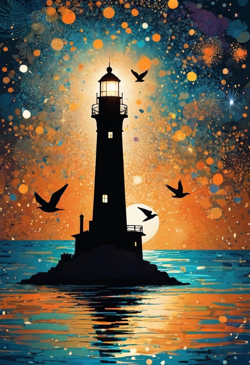 (best quality,highres:1.2),silhouette of a Lighthouse,colorful background,blue,orange,green,blurred,zentangle style,black,brown, crunch it, make it outstanding, the best emotive silhouette ever, sparkles, light explosions, flying birds, magical, thanks. By Tupu...lol...