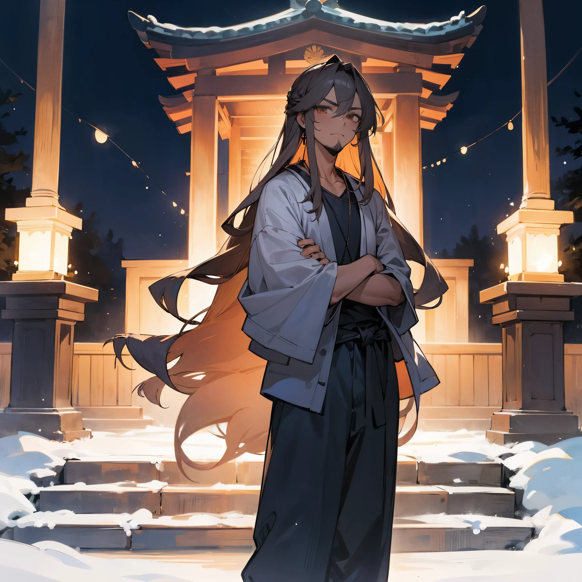 1male, adult, facial hair, finely detailed cantaloupe eyes, long wavy hair, ash ombré hair color, casual clothing, loose baggy pants, standing with arms folded, standing in shrine, night, village, serious, somber expression
