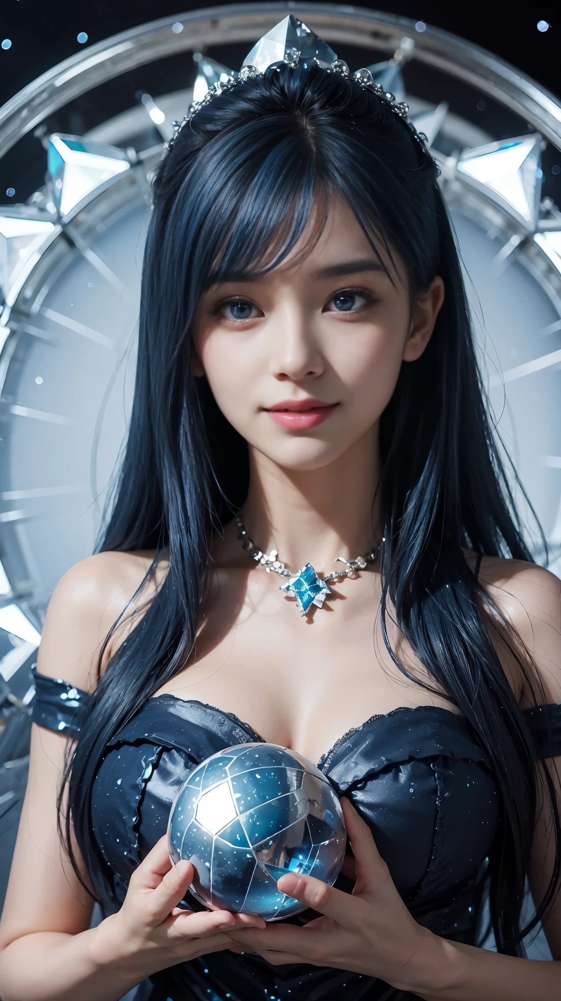 (and soul)(secondary elements)1 girl、(((blue hair)))、hair length、(blue eyes)、(gradient eyes)、sparkling eyes、bright eyes、finely tuned、expressive eyes、((smile))、(white teeth)、blue clothes、gem、Blue lighting、blue theme、(shape:1.5)、abstract、highest quality、Super detailed、(((Holding a crystal ball)))、(random pose)、Beautiful worldview、((Photos that captivate everyone who sees them))、