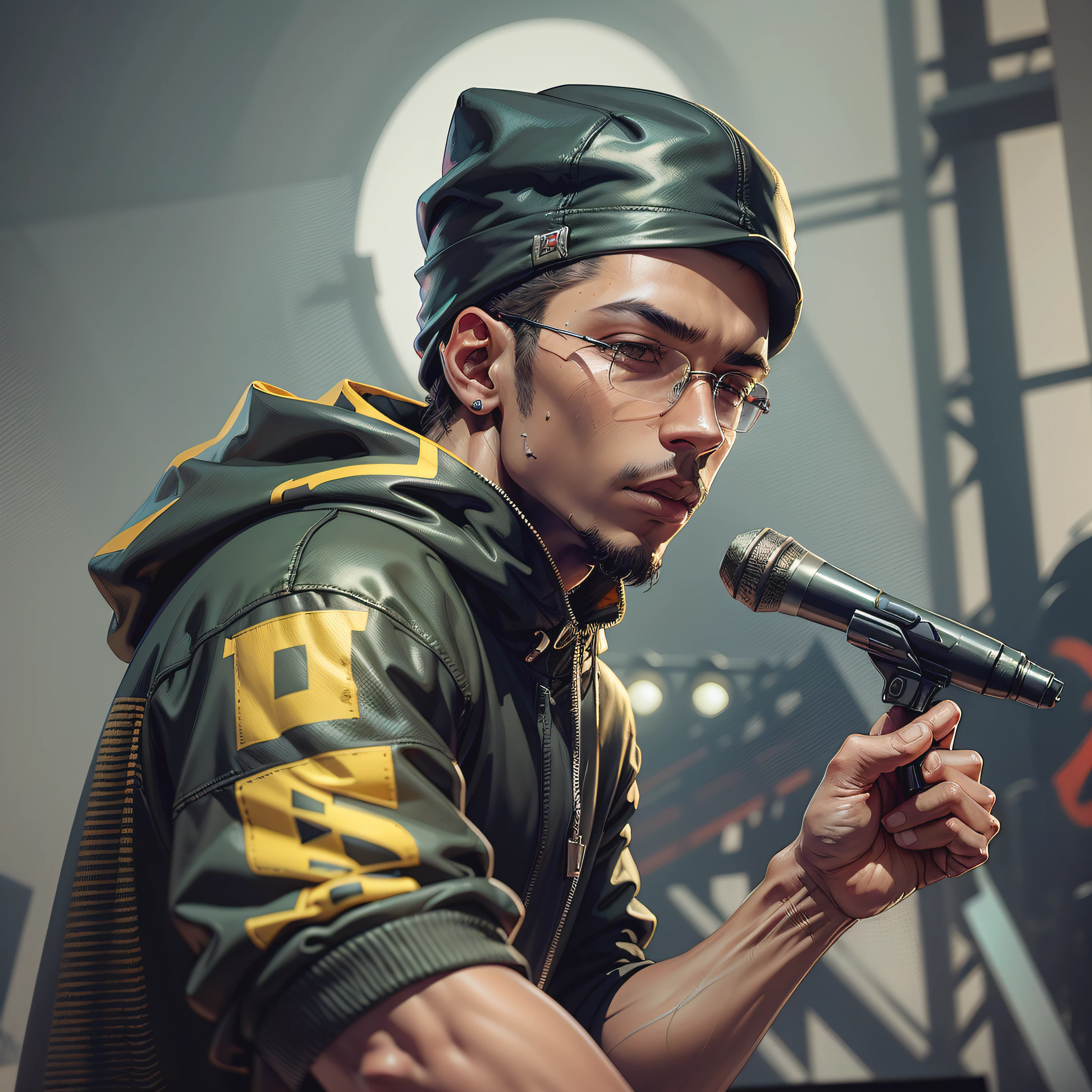 Exquisite details, top quality, draw me a dynamic person with dynamic angle holding a microphone finished with dark glasses on the nose, better finished glasses. The subject should be sharp and free of defects such as stains.