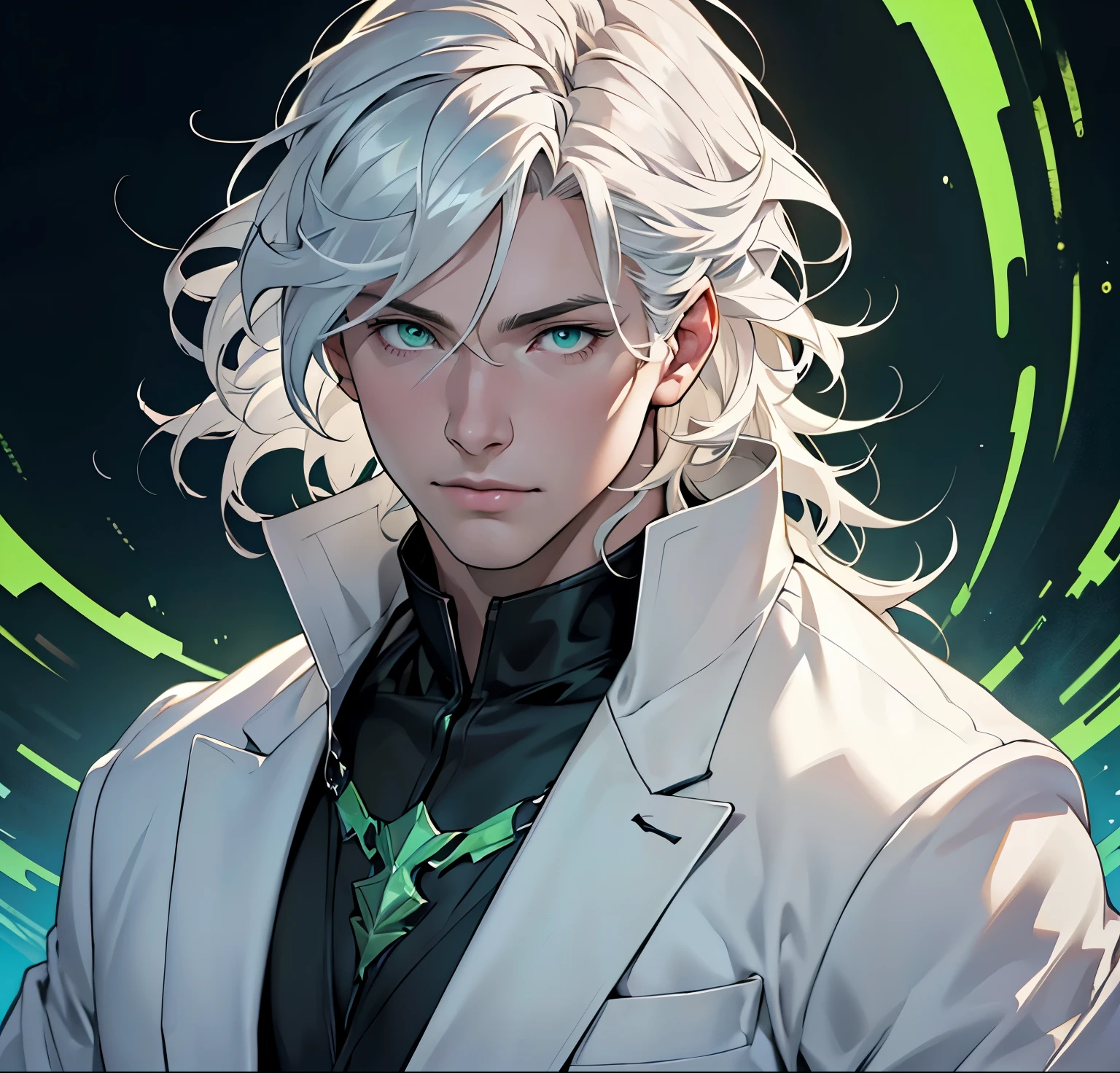 (Realistic:1.37,best quality,4k,8K,high resolution,artwork:1.2),ultra-detailed,boy,masculine,pale skin,white hair,green eyes,Gojo Satoru Shinjuku (Coat) outfit:1,wavy hair. Anatomically correct.