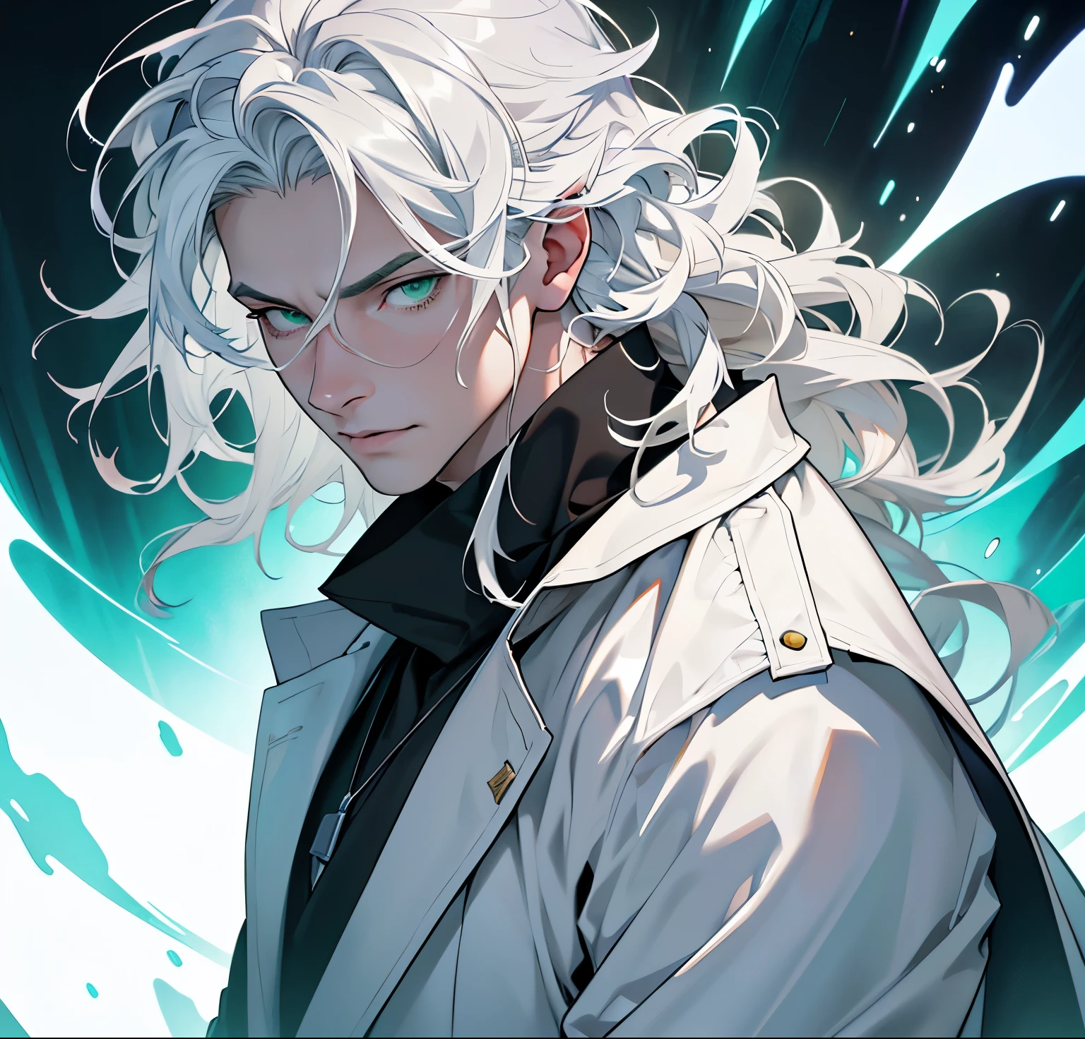 (Realistic:1.37,best quality,4k,8K,high resolution,artwork:1.2),ultra-detailed,boy,masculine,pale skin,white hair,green eyes,Gojo Satoru Shinjuku (Coat) outfit:1,wavy hair. Anatomically correct.