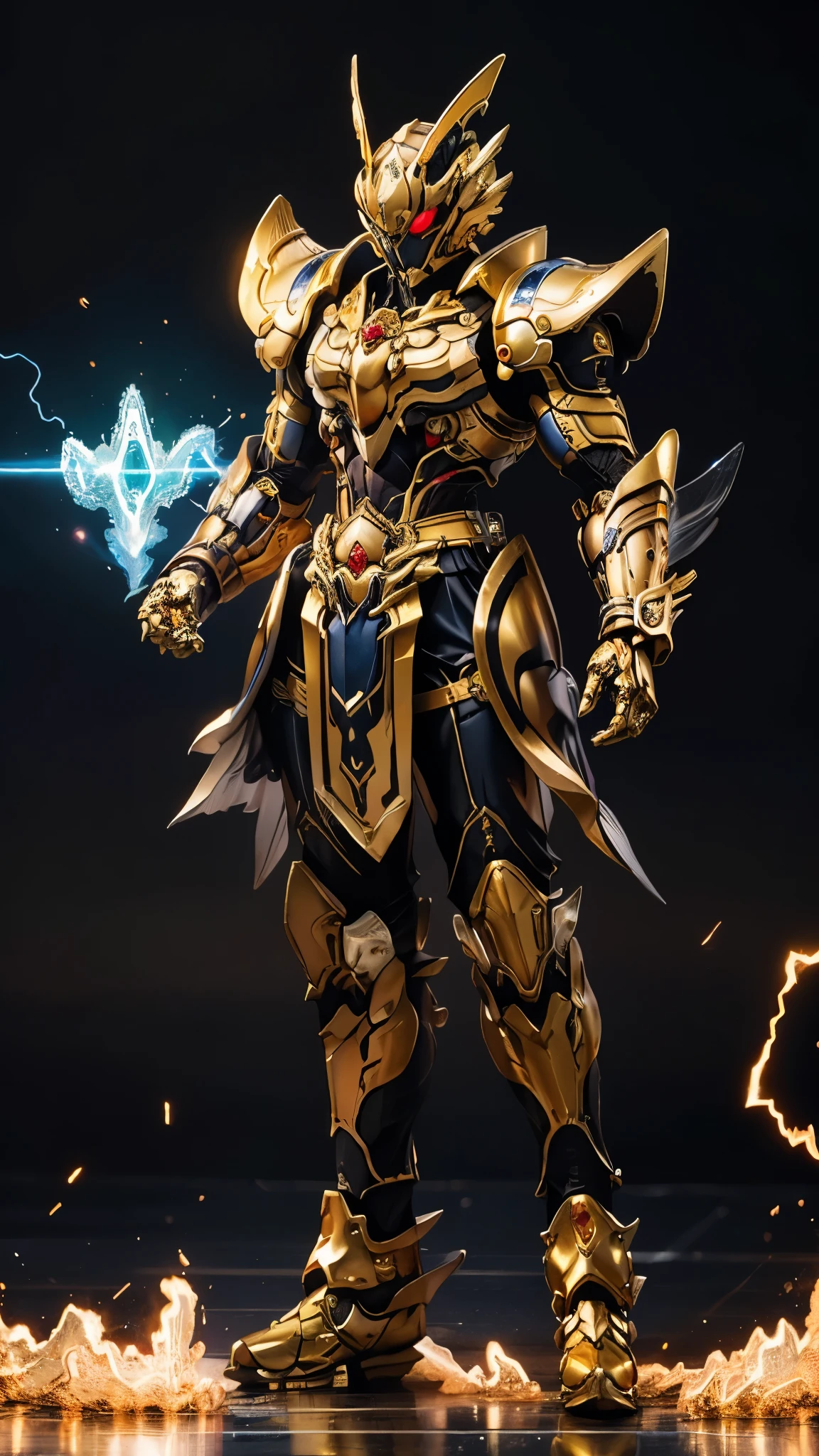 A woman adorned in fantasy-style full-body armor, a crown-concept fully enclosed helmet that unveils only her eyes, a composite layered chest plate, fully encompassing shoulder and hand guards, a lightweight waist armor, form-fitting shin guards, the overall design is heavy-duty yet flexible, ((the armor gleams with a golden glow, complemented by red and blue accents)), exhibiting a noble aura, she floats above a fantasy-surreal high-tech city, this character embodies a finely crafted fantasy-surreal style armored hero in anime style, exquisite and mature manga art style, (Queen bee mixed with Spider concept Armor, plasma, blood), ((Element, energy, elegant, goddess, femminine:1.5)), metallic, high definition, best quality, highres, ultra-detailed, ultra-fine painting, extremely delicate, professional, anatomically correct, symmetrical face, extremely detailed eyes and face, high quality eyes, creativity, RAW photo, UHD, 32k, Natural light, cinematic lighting, masterpiece-anatomy-perfect, masterpiece:1.5