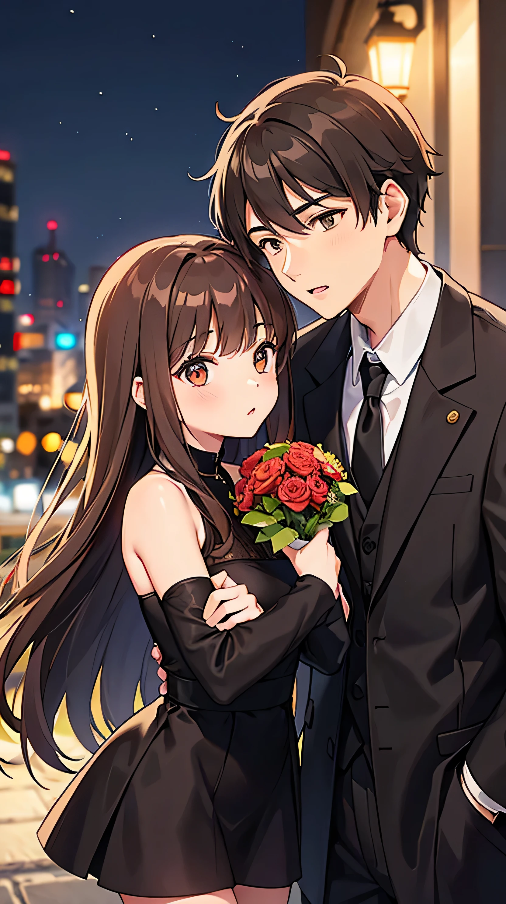 1 male and 1 female , brown hair, kissing , night city , black clothes, giving flowers