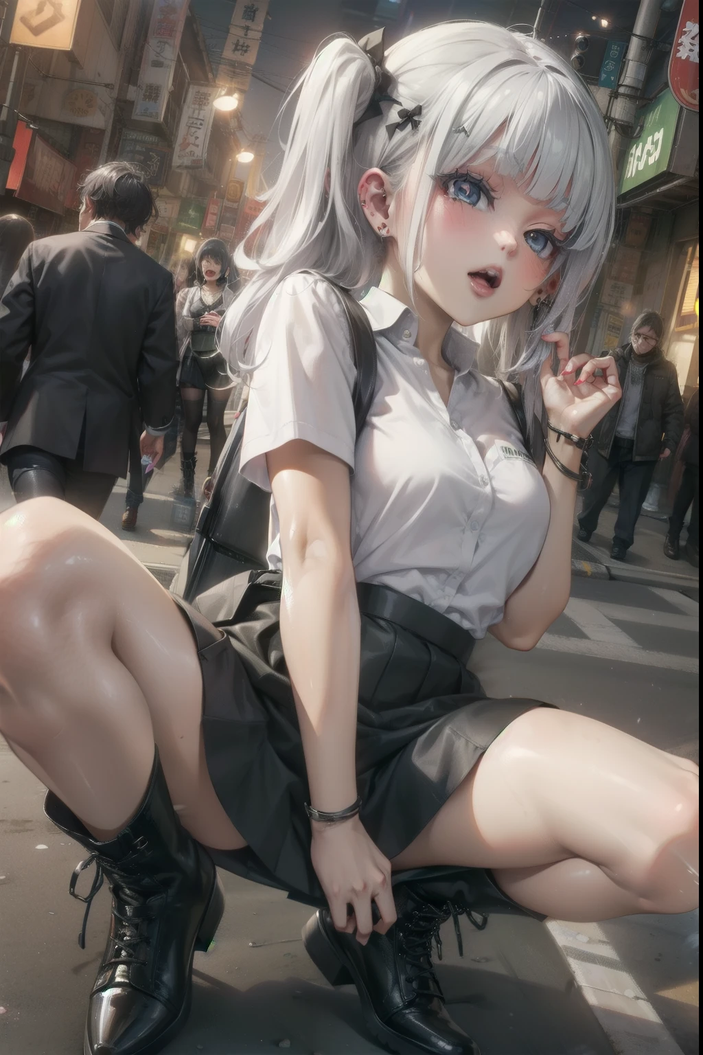 standing with legs apart、 1 cute anime girl, highest quality、ウルトラ - High resolution、High resolution、Detailed CG、8k unit wallpaper、20-year-old、beautiful and detailed eyes、(((Black leather skirt、white shirt、Black high-cut boots)))、(shiny body,:1.5)、 please be shy、(Ahegao:1.5)、(Stick out your tongue and drool)、full of embarrassment、spread your legs、safety work,Garbage dump in the downtown area at night 