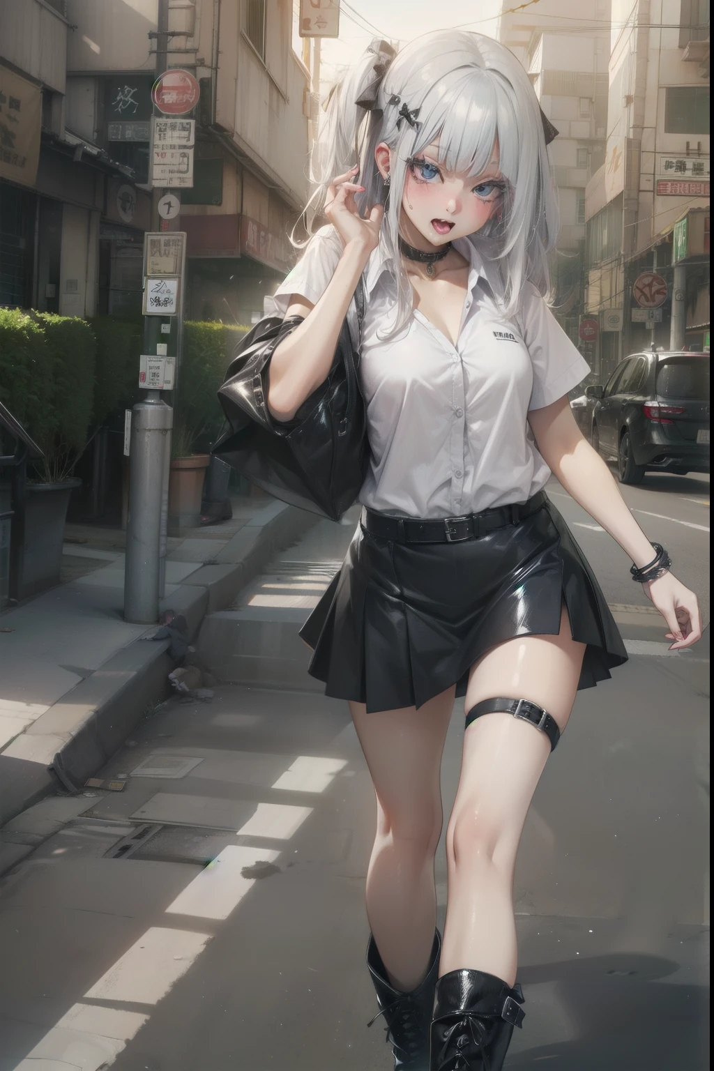 standing with legs apart、 1 cute anime girl, highest quality、ウルトラ - High resolution、High resolution、Detailed CG、8k unit wallpaper、20-year-old、beautiful and detailed eyes、(((Black leather skirt、white shirt、Black high-cut boots)))、(shiny body,:1.5)、 please be shy、(Ahegao:1.5)、(Stick out your tongue and drool)、full of embarrassment、spread your legs、safety work,Garbage dump in the downtown area at night 