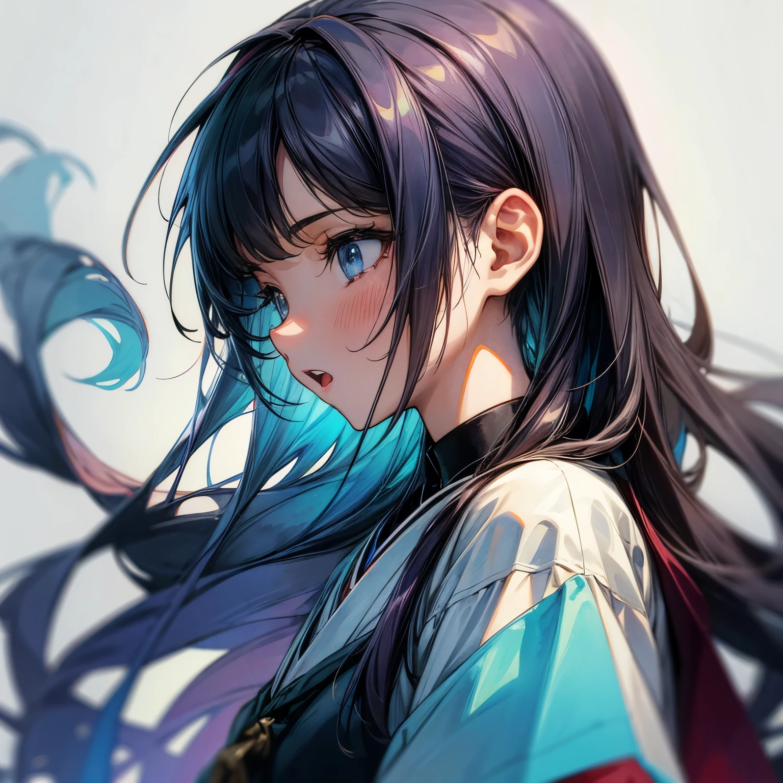 ((Masterpiece)), (Anime:1.5), ((best quality)), (RAW photo:1.2), (High Definition:1.3), (Professional Photography:1.2), (chromatic aberration), 1girl, ((ars old)(watercolor painting:1.3), from side, wide shot, (pale blue fine ink splashing), ((profile)), black long silky hair, teenage japanese cute girl, very sad face, open mouth, (Glossy lips), white T-Shirts, (simple white background:1.5)