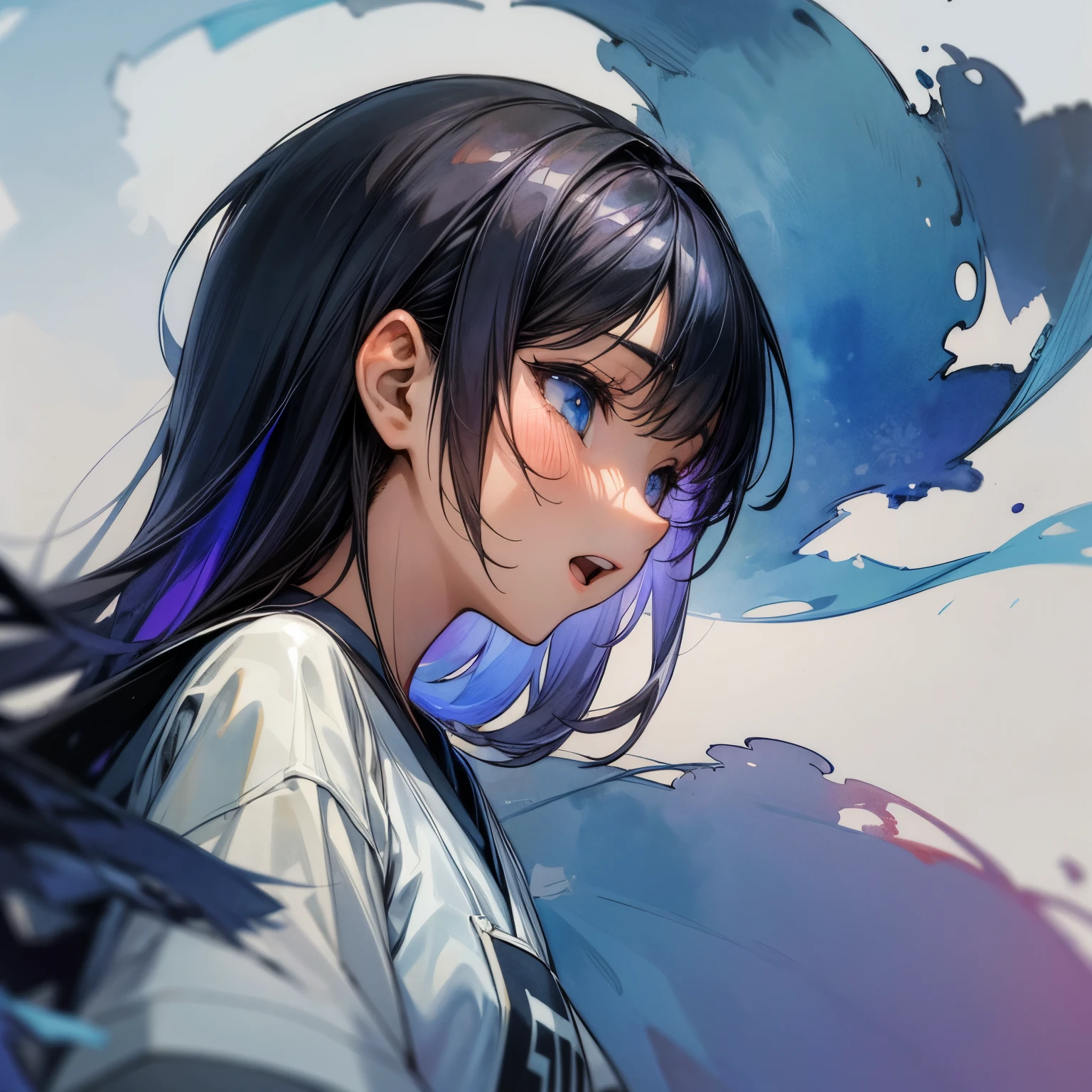 ((Masterpiece)), (Anime:1.5), ((best quality)), (RAW photo:1.2), (High Definition:1.3), (Professional Photography:1.2), (chromatic aberration), 1girl, ((12years old)), (watercolor painting:1.3), wide shot, (pale blue fine ink splashing), ((profile)), black long silky hair, teenage japanese cute girl, very sad face, open mouth, (Glossy lips), white T-Shirts, (simple white background:1.5)