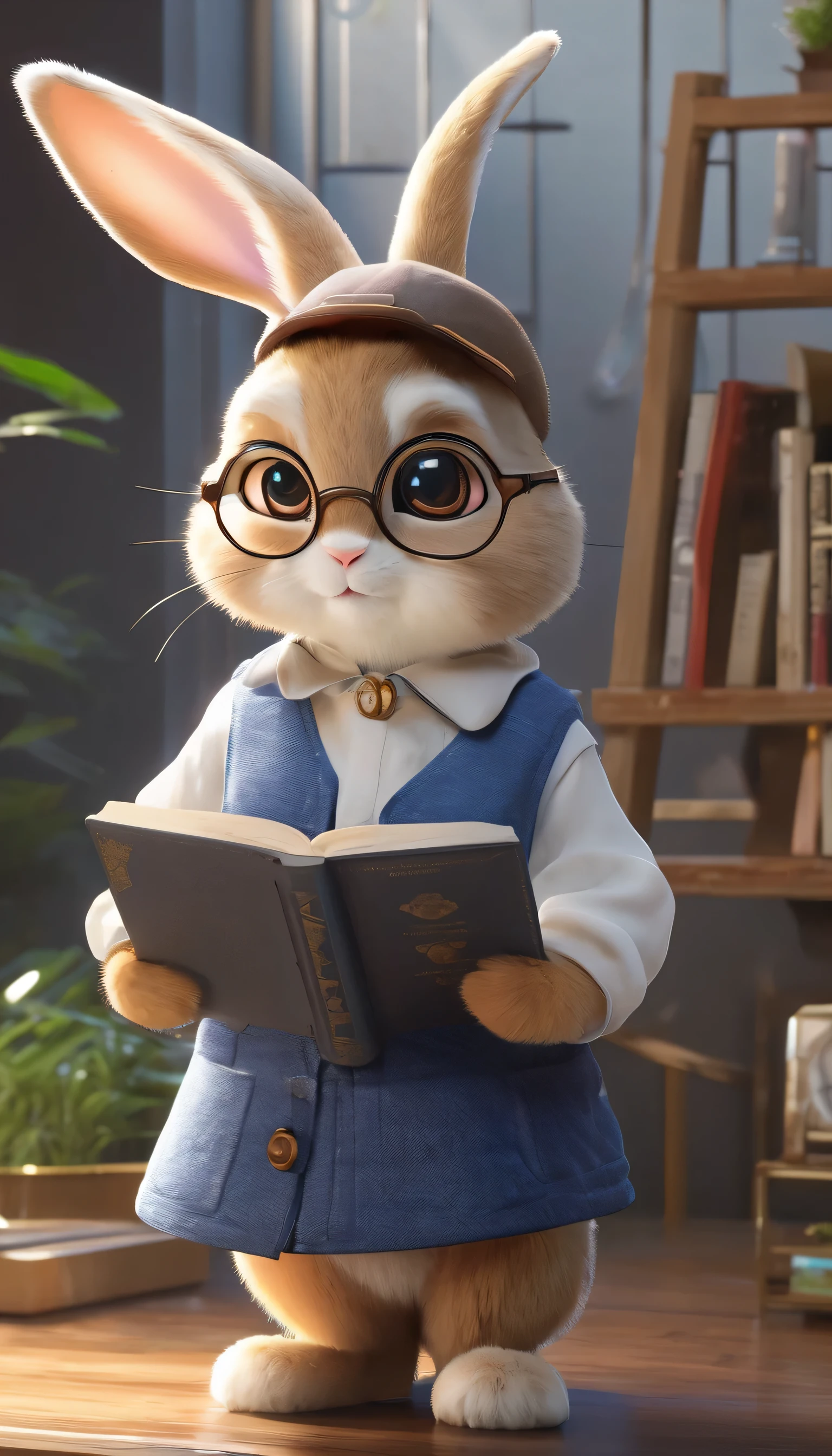 (Highly detailed CG Unity 8k wallpaper、masterpiece、highest quality、Super detailed)、(best lighting、best shadow、very delicate and beautiful)、highest quality、8k、Detailed facial depiction、masterpiece、highest quality、clear image quality、
Anime style rabbit wears glasses while reading。