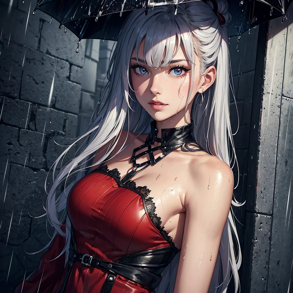 (Best quality, 4K, tmasterpiece :1.Beutiful women, 1 Sister, (, attractive body :1.2), Abs :1.1, grey hair: 1.1, (rainy wet, wet from rain, Soaked :1.2), The face very detailed, detailed lips, detailed eyes, double eyelid, red clothing. smirk.