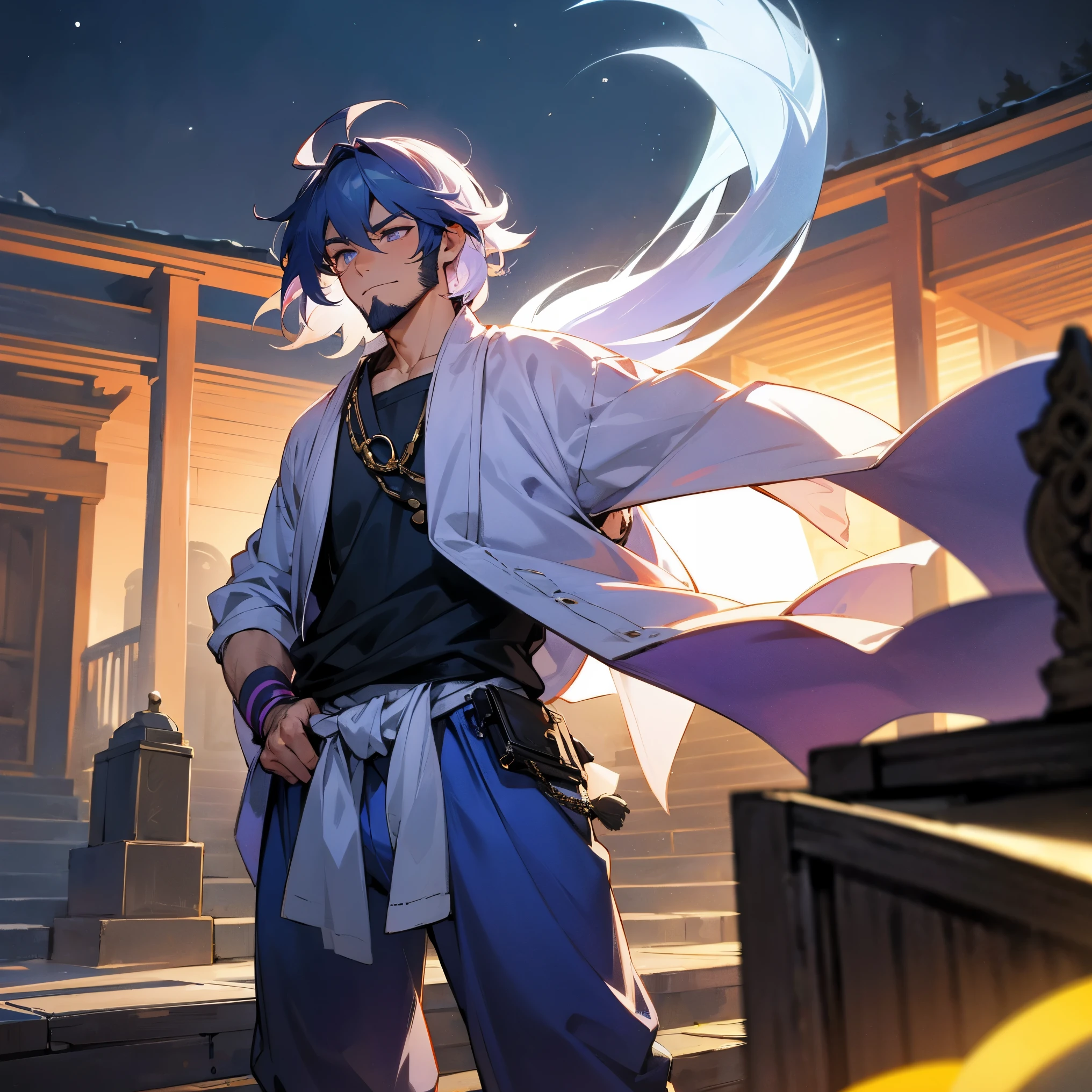 1male, adult, beard, finely detailed lavender eyes, short messy hair, arctic blue ombré hair color, compression shirt, casual clothing, loose baggy pants, standing with arms folded, standing in shrine, night, village, serious, confident 
