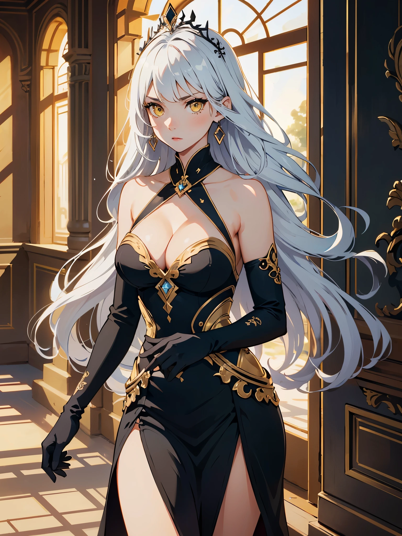 masterpiece, high quality, illustration, extremely detailed, cg unity 8k, 1_women, (upper body), (Caucasian skin_complexion:1.4),mature, statuesque, tall, beautiful, exotic, (((facing away from viewer))), (eyes looking away from viewer), (arms crossed), large breasts, shocked expression, angry face, nsfw, chest window, ((cleavage)), and halter dress, black ((diaphanous sparkling dress)) with gold trim, crown, black knee_high boots, ((white embroidery elbow gloves)), long white hair, realistic and detailed face having (yellow eyes), ((dark_eyeliner)), long_eyelashes), natural dynamic lighting casts detailed shadows, marble room, (roman style background), marble columns,