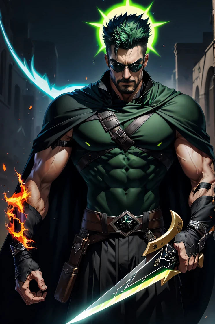 man with dark green  hair and a black cape holding a sword, vibrant fan art, blazing infero, advanced digital  art ”, badass pose, an epic  man of a energy man,  epic man style, transforming into his final form , solo , one man, 1 man , black sun  glasses