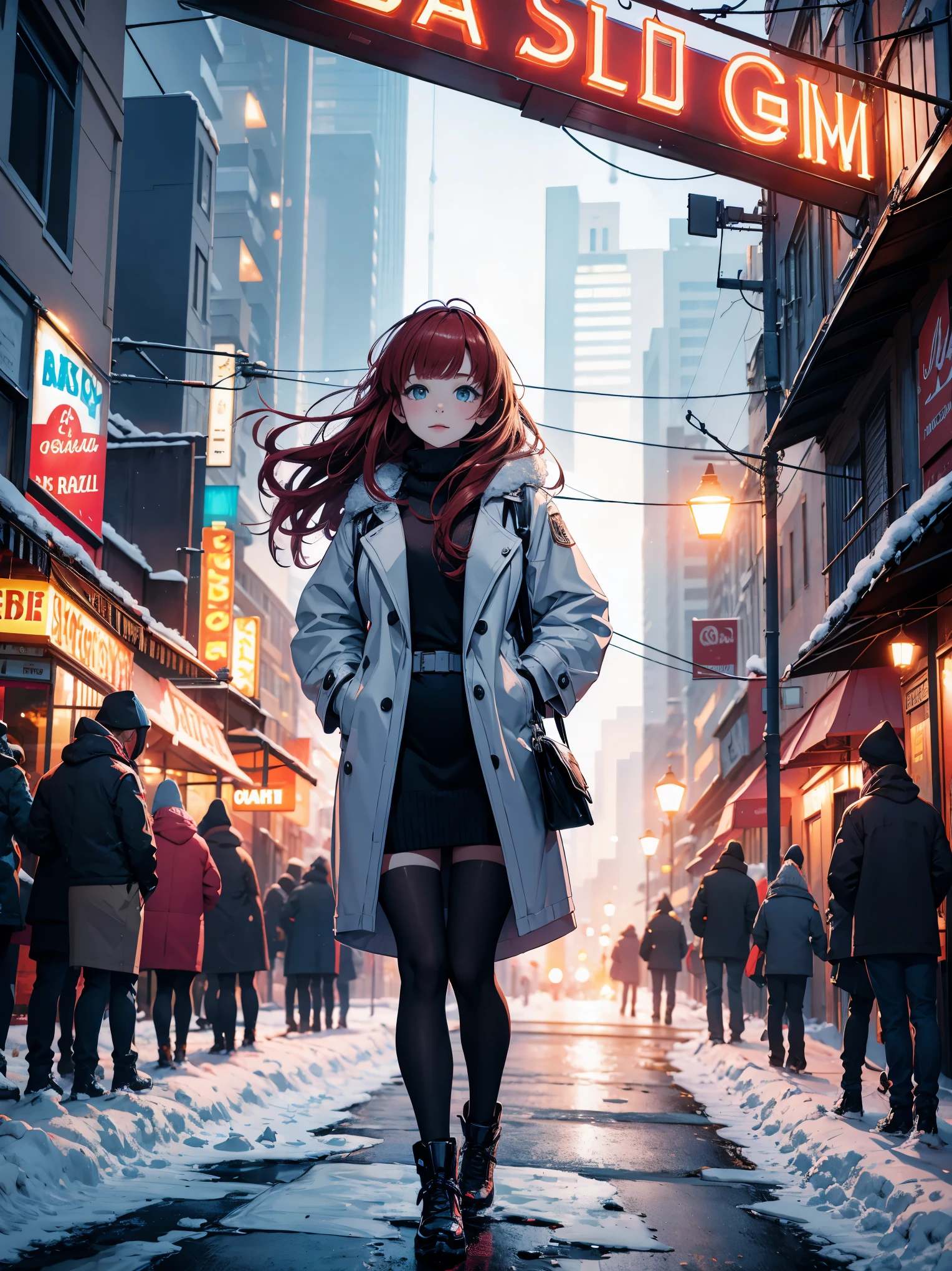 Angel girl, stocking fillers, large form, pretty, stroll the night streets of the old city, nearby on the street there is a jazz bar with a neon sign in the shape, snowing, girl in a dark coat, with open neckline, red hair a little sprinkled with snow