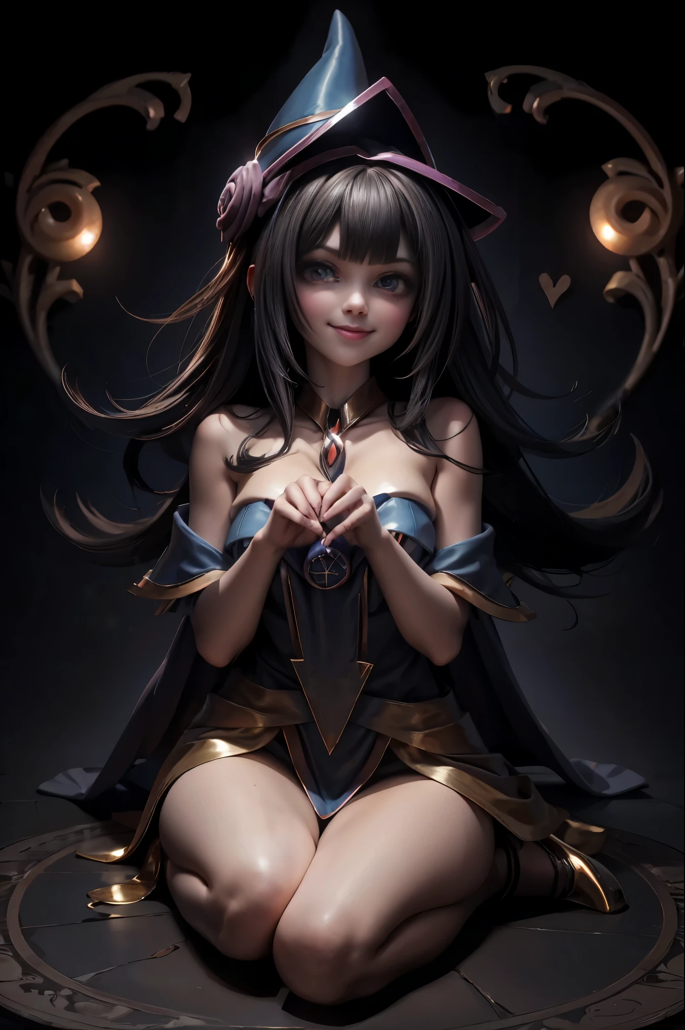 Dark magician gils en el aire, she comes out of a magic circle of the heart. Magic hearts background. Sonrisa en sus labios. Ojos celestes. Cabello dorado. Pose sensual. Levitando en una pie. Tiene tacones. Usa tacones azules y dorados