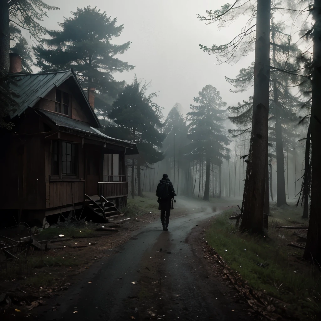 there is a solo man walking in the woods with a backpack, old house, stefan koidl inspired, bussiere rutkowski andreas rocha, by maxim verehin, inspired by maxim verehin, inspired by Tomasz Jedruszek, dark cinematic concept art, eerie nostalgic concept art, inspired by Igor Kieryluk, inspired by Ismail Inceoglu
