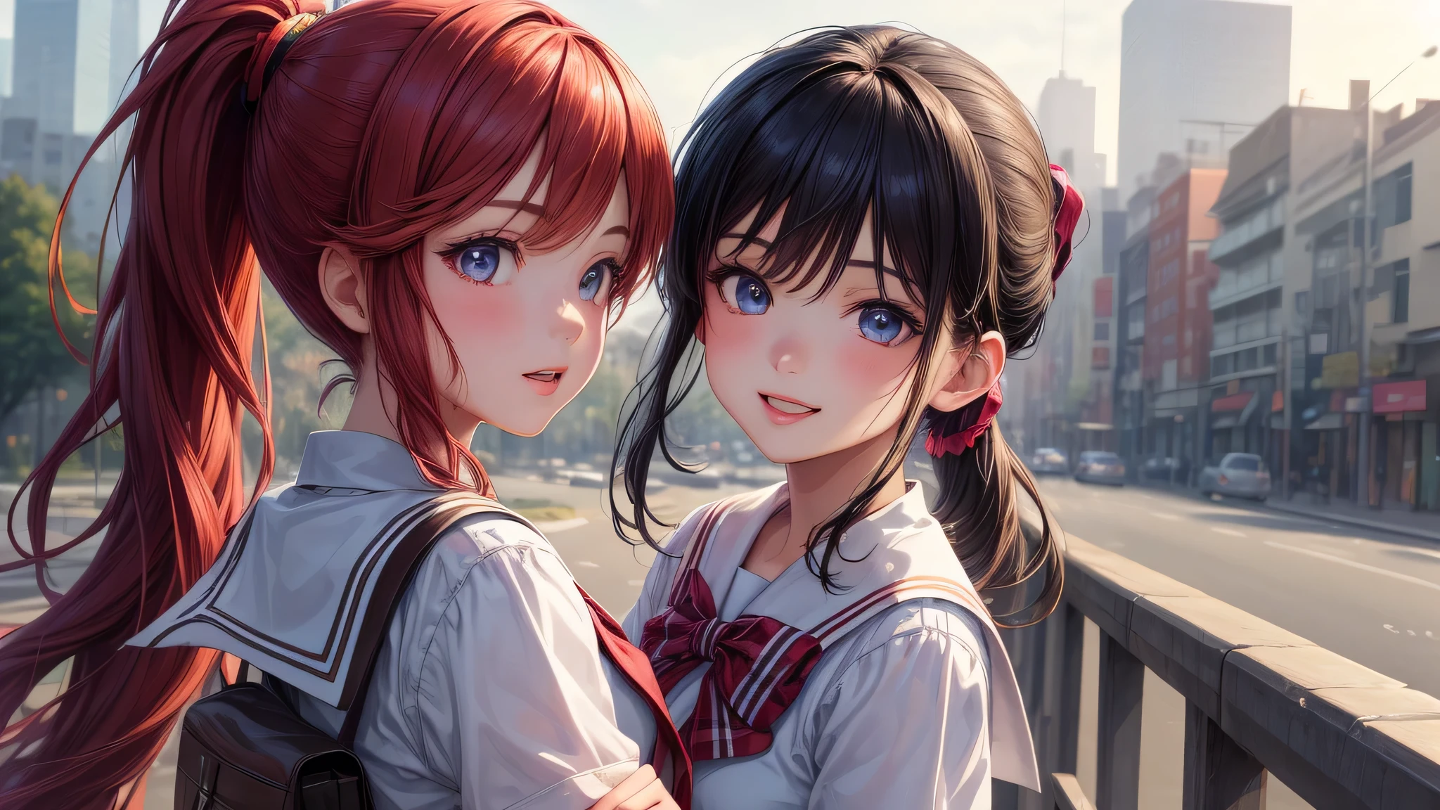 (2 girls:1.2), cute face, shining smile, (ponytail:1.2), (school uniform, mini skirt:1.2), (highest quality: 1.4), (Super detailed), (highest quality:1.4), (super detailed), (anime illustration), very high resolution, (Upper body), close up face, city, road, building