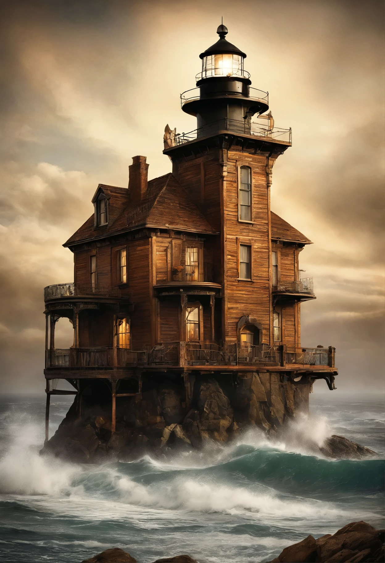 a lighthouse, rough ocean waves, dramatic sky, rugged coastal cliffs, beam of light piercing through the darkness, stormy weather, rocky shores, crashing waves, isolated lighthouse keeper's cottage, foggy atmosphere, towering structure, remote location, dangerous rocks, guiding light, misty surroundings, powerful beacon, nightfall, haunting beauty, maritime navigation, coastal safety, mesmerizing view