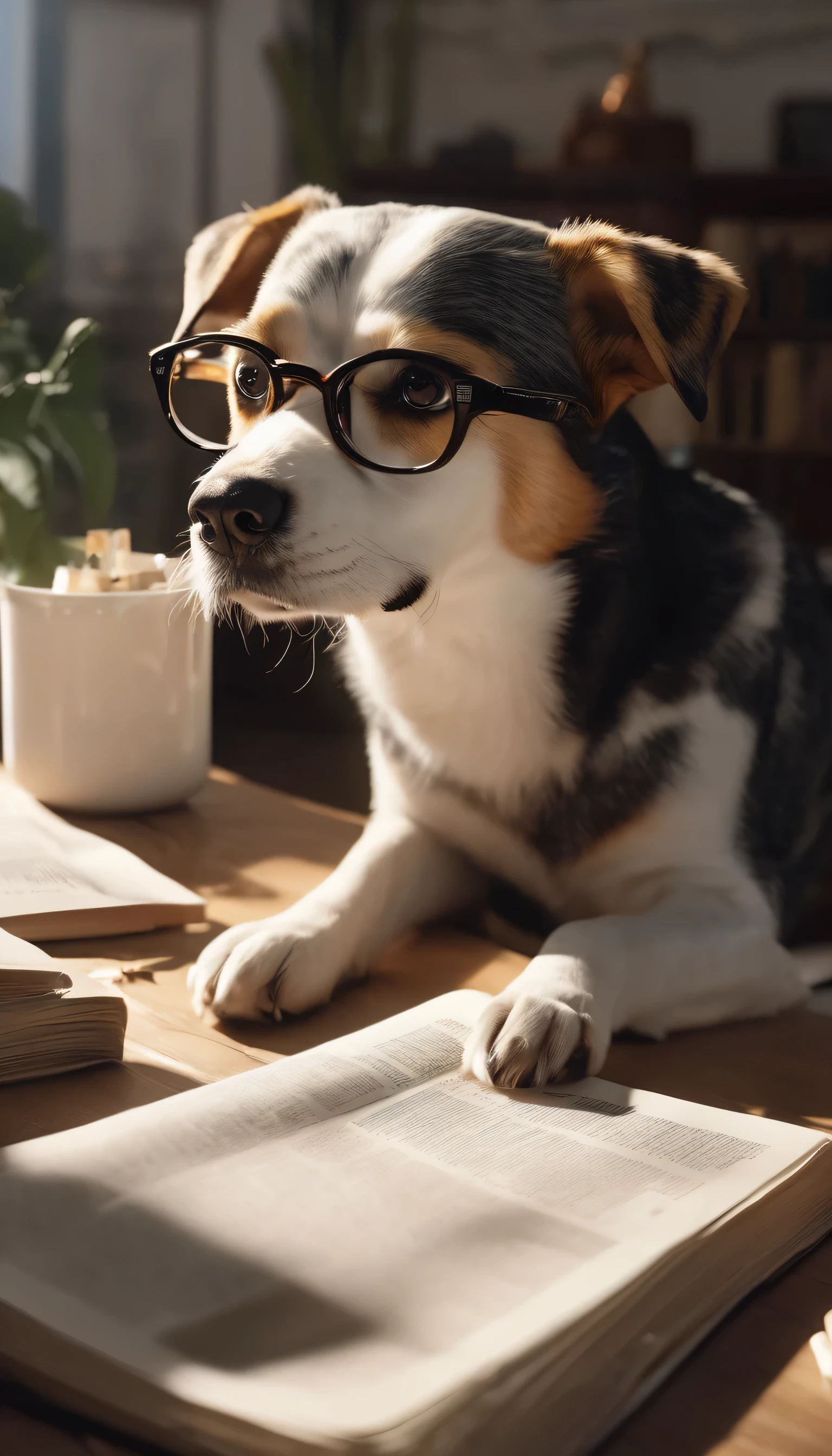 (Highly detailed CG Unity 8k wallpaper、masterpiece、highest quality、Super detailed)、(best lighting、best shadow、very delicate and beautiful)、highest quality、8k、Detailed facial depiction、masterpiece、highest quality、clear image quality、
A dog pretending to wear glasses while reading a newspaper。