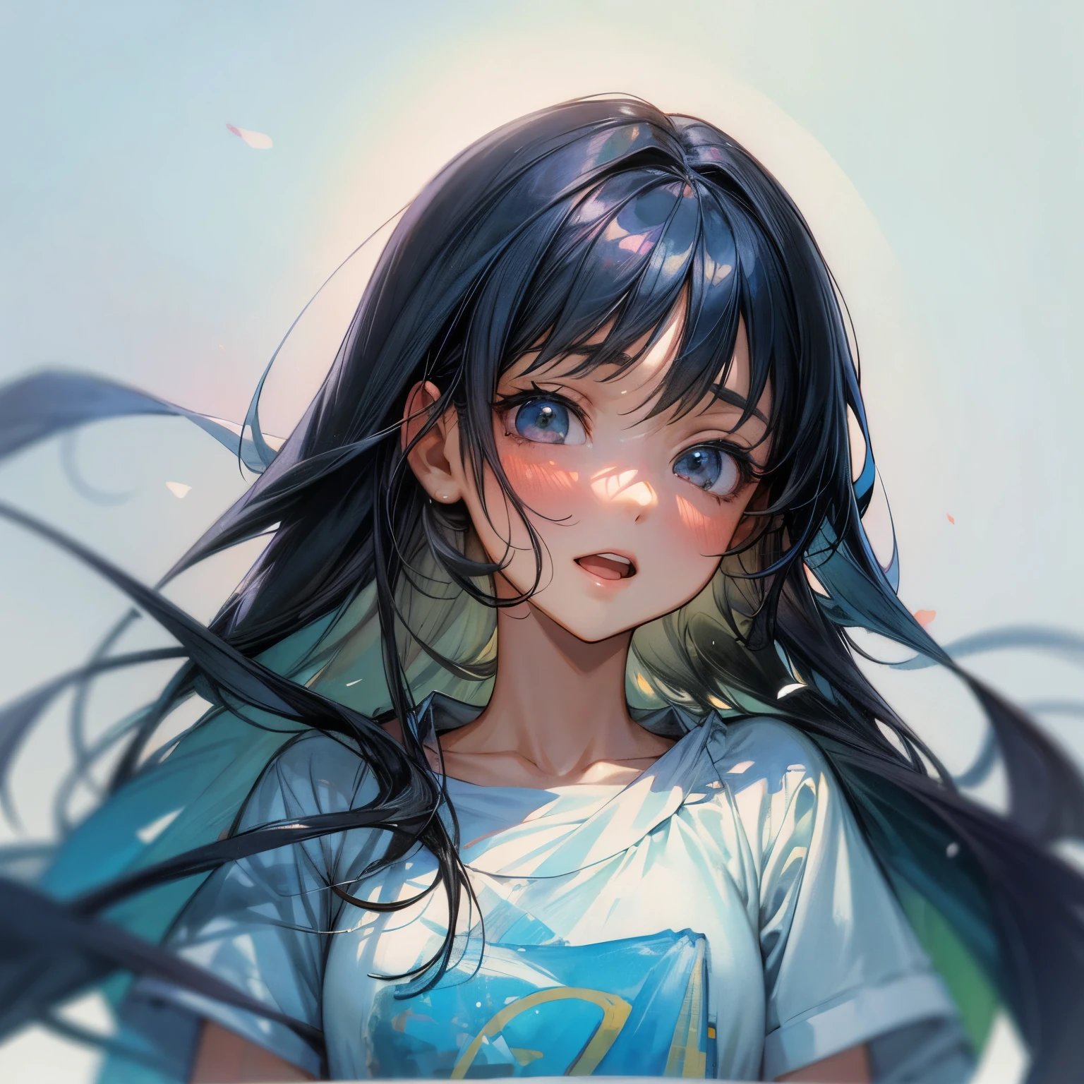 ((Masterpiece)), (Anime:1.5), ((best quality)), (RAW photo:1.2), (High Definition:1.3), (Professional Photography:1.2), (chromatic aberration), 1girl, ((12years old)), (watercolor painting:1.3), wide shot, (pale blue fine ink splashing), black long silky hair, teenage japanese cute girl, very sad face, open mouth, (Glossy lips), white T-Shirts, (simple white background:1.5)