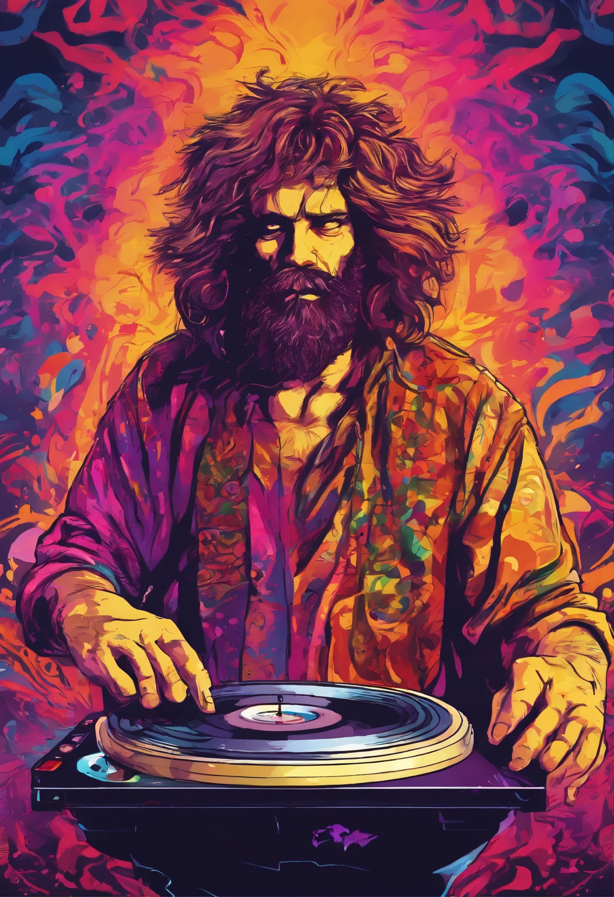  ultra-detailed,(realistic,vector:1.37),illustration caveman dj playing vinyl turntable, stand in front of vinyl console set ,ultra detailed illustration , grunge design , rustic art, bokeh, digital painting, soft lighting, stone age, rock art aesthetic, focused on the character, 