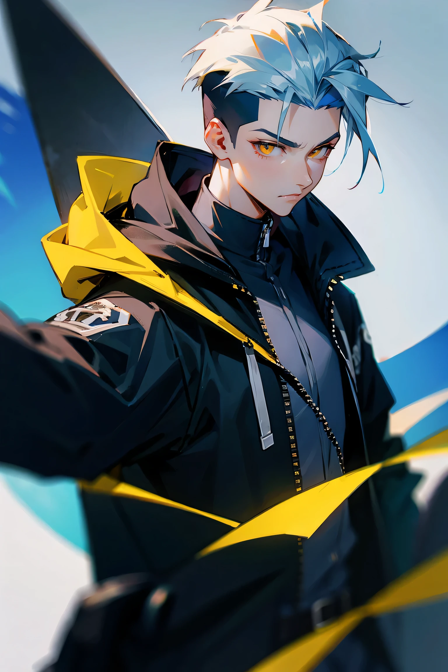 1male, Black and White Hair , two toned hair, Modern Undercut Hairstyle , Blue Unzipped Hoodie , White Hood , Yellow Eyes , Modern Clothing , Medieval Background